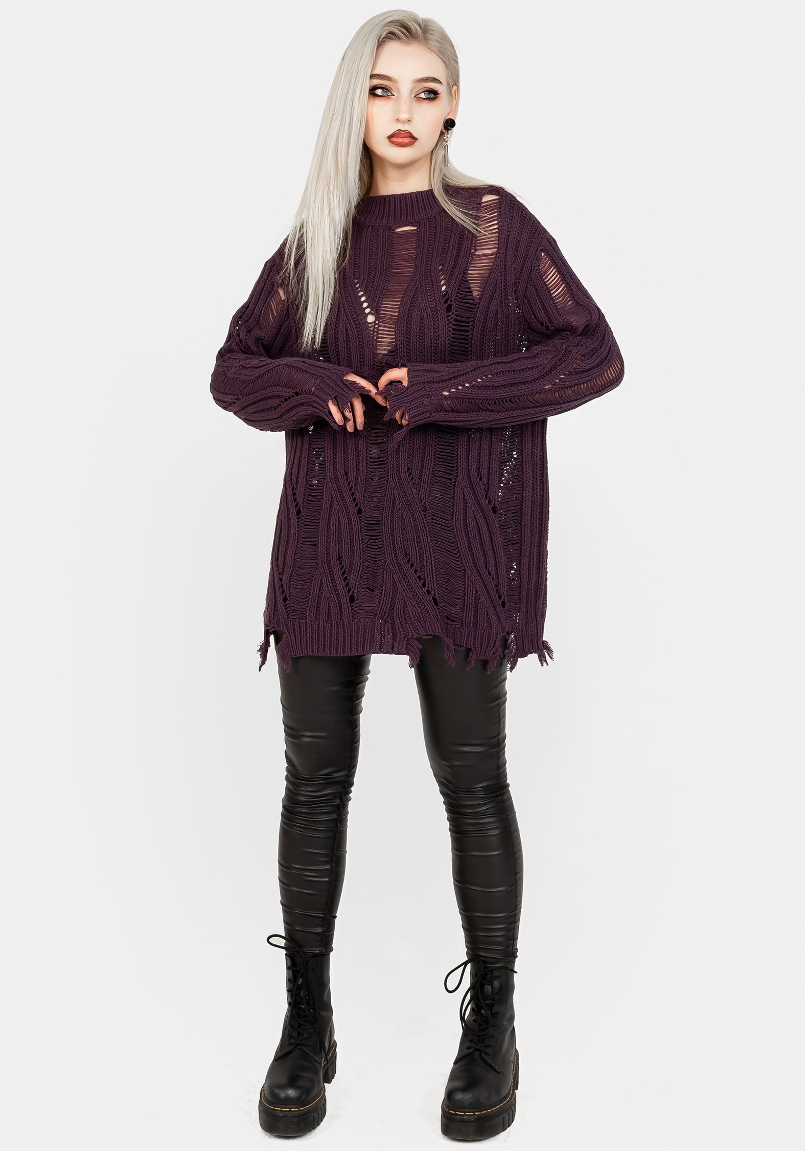 Lavender Distressed Knit Sweater | Oversized Relaxed Fit | Dayglo