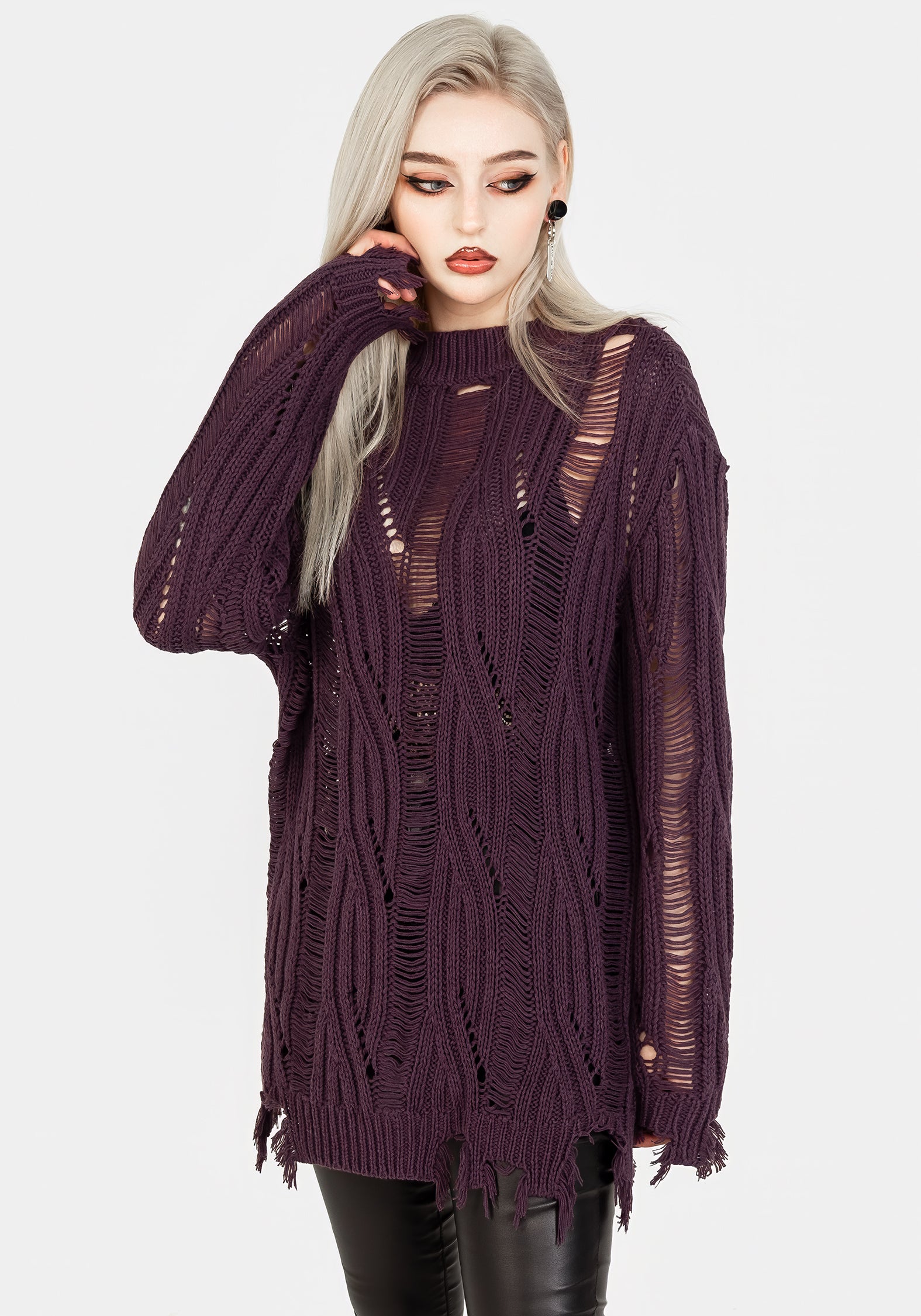 Lavender Distressed Knit Sweater | Oversized Relaxed Fit | Dayglo