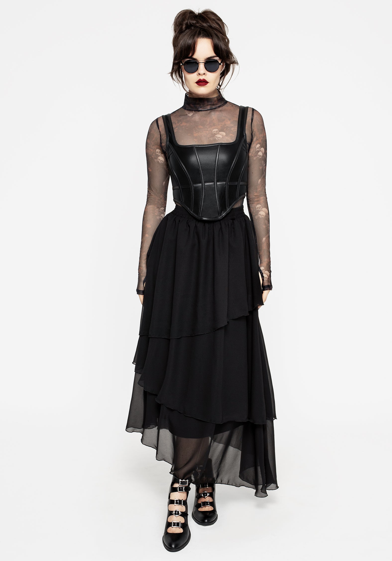 Black Tiered Chiffon Maxi Skirt with Adjustable Waist | Aisling