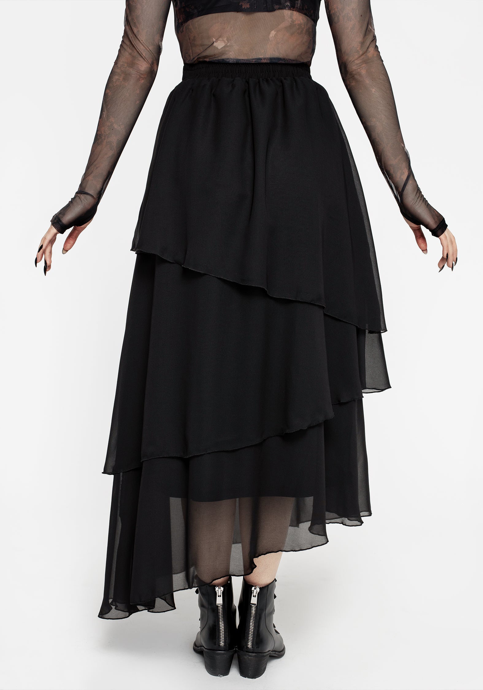 Black Tiered Chiffon Maxi Skirt with Adjustable Waist | Aisling