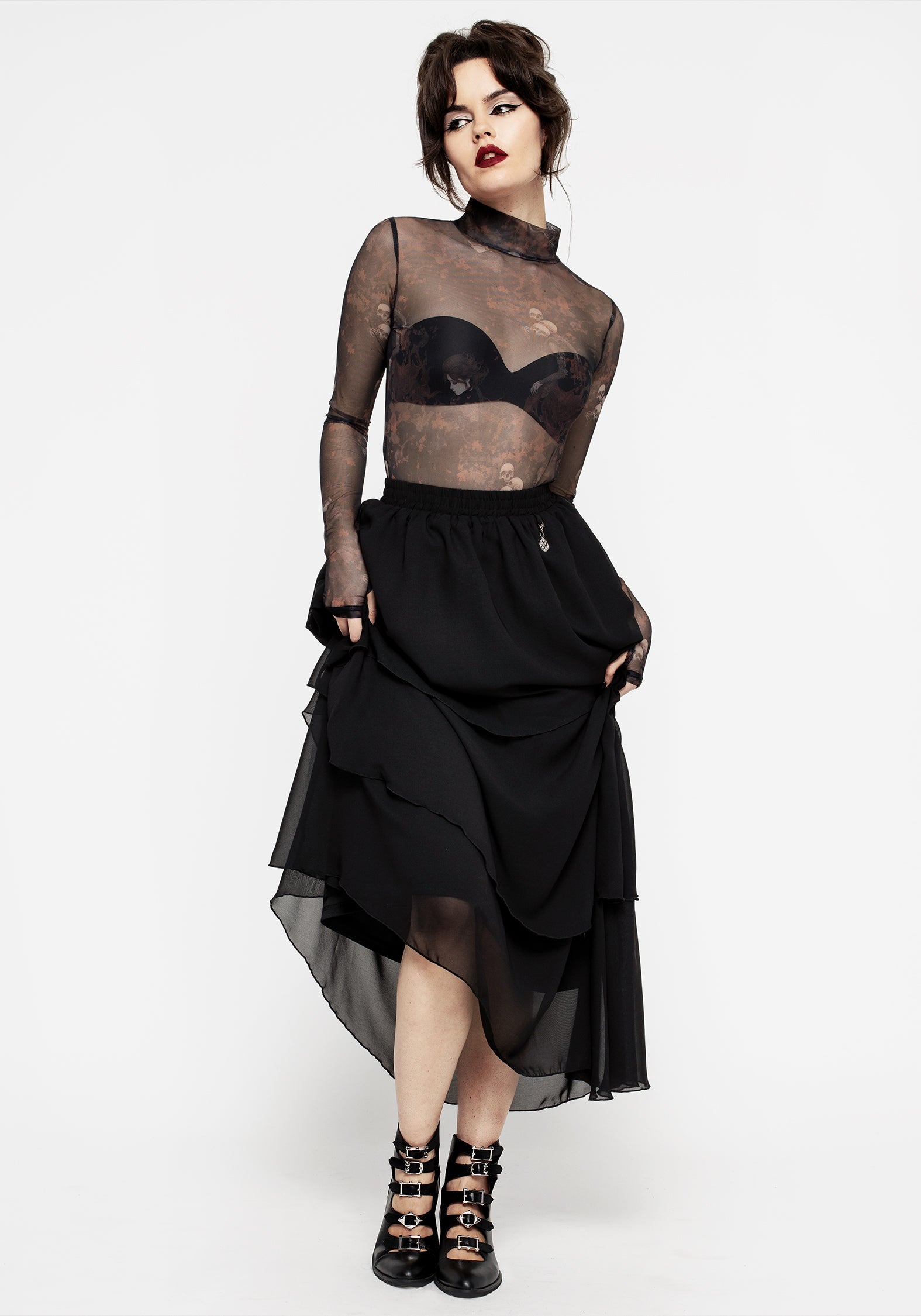 Black Tiered Chiffon Maxi Skirt with Adjustable Waist | Aisling