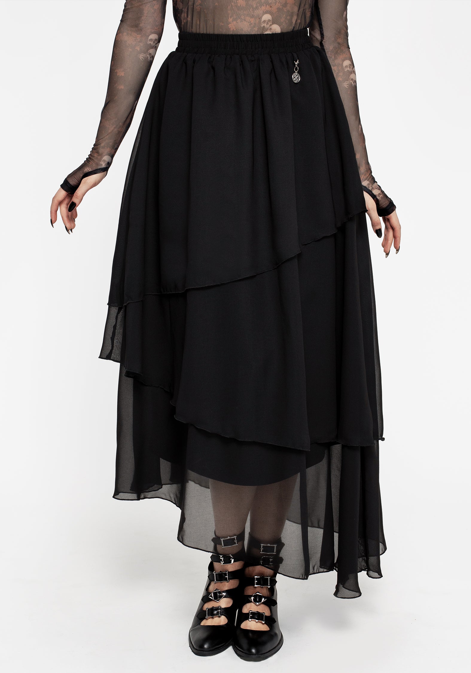 Black Tiered Chiffon Maxi Skirt with Adjustable Waist | Aisling