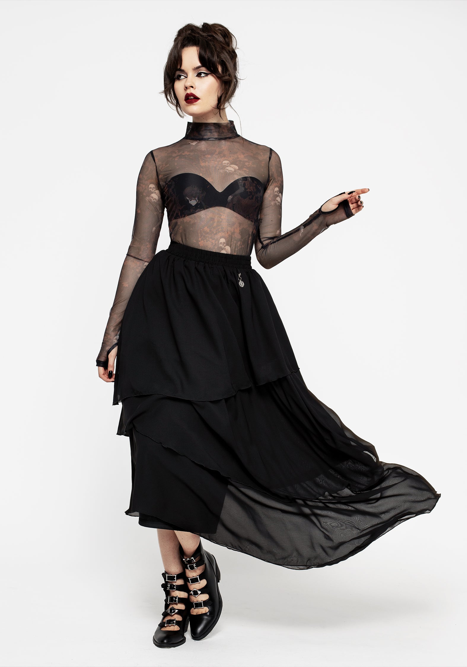 Black Tiered Chiffon Maxi Skirt with Adjustable Waist | Aisling