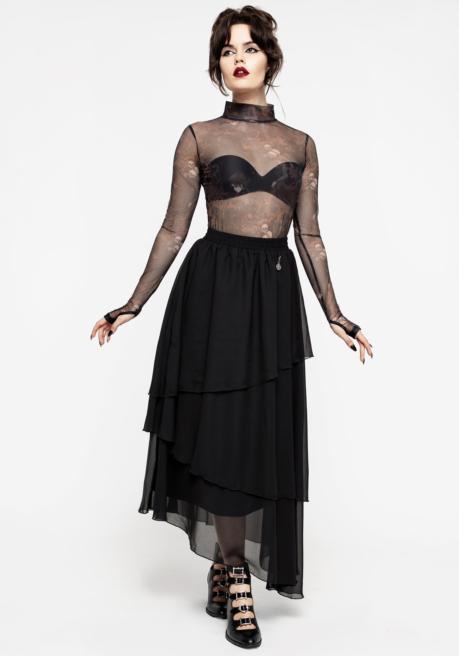 Black Tiered Chiffon Maxi Skirt with Adjustable Waist | Aisling