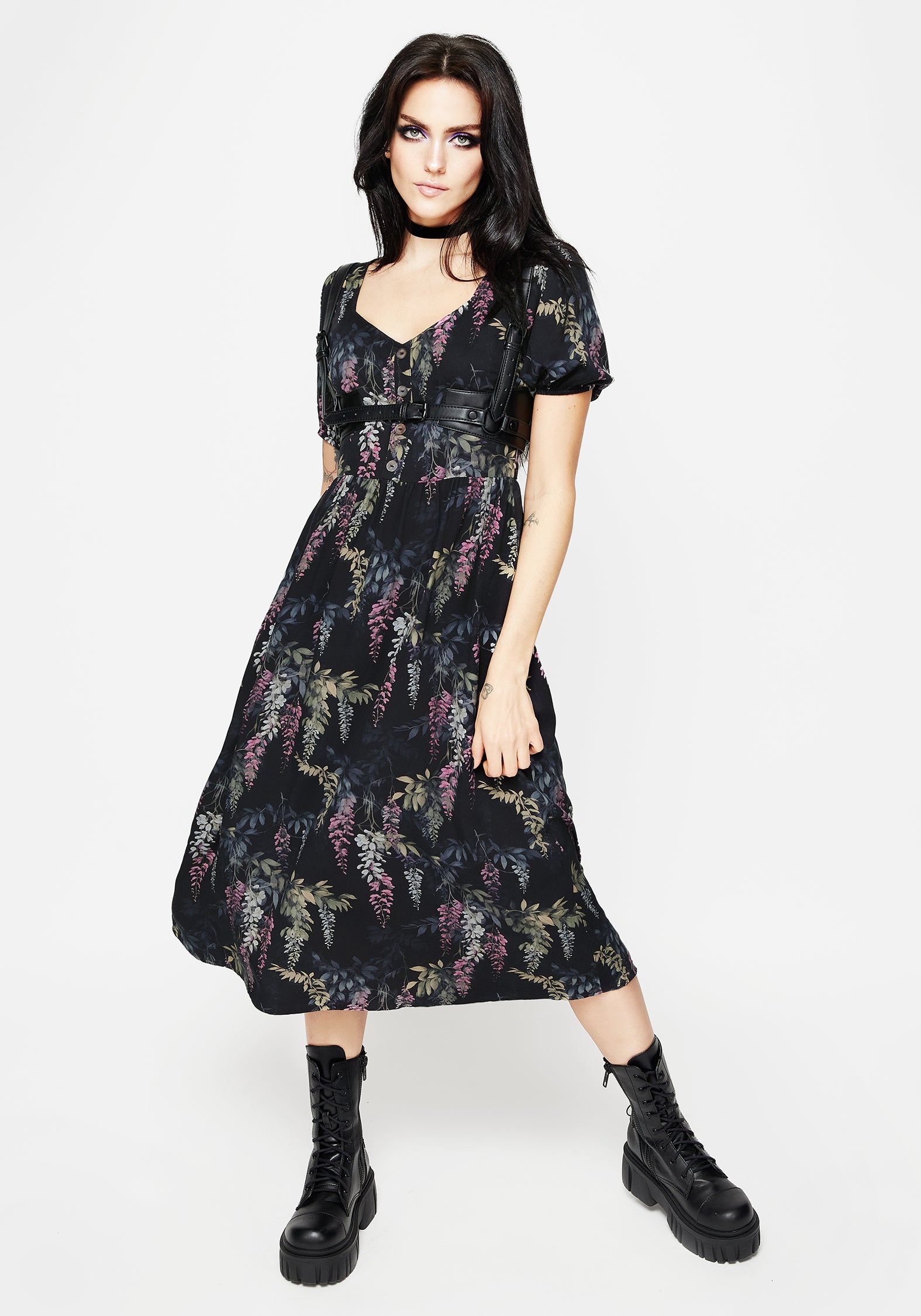 Wisteria Floral Print Puff Sleeve Dress | Sweetheart Neckline & A-Line Skirt