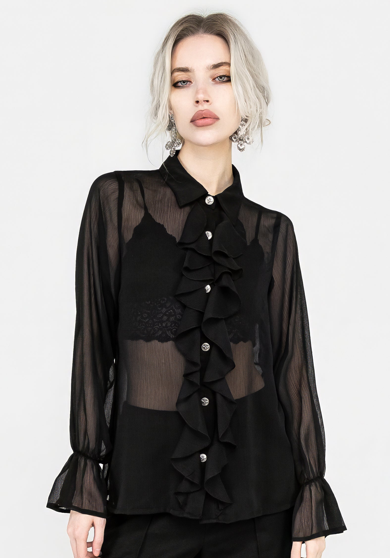 Black Sheer Ruffle Button-Up Shirt with Flared Cuffs | Shelly