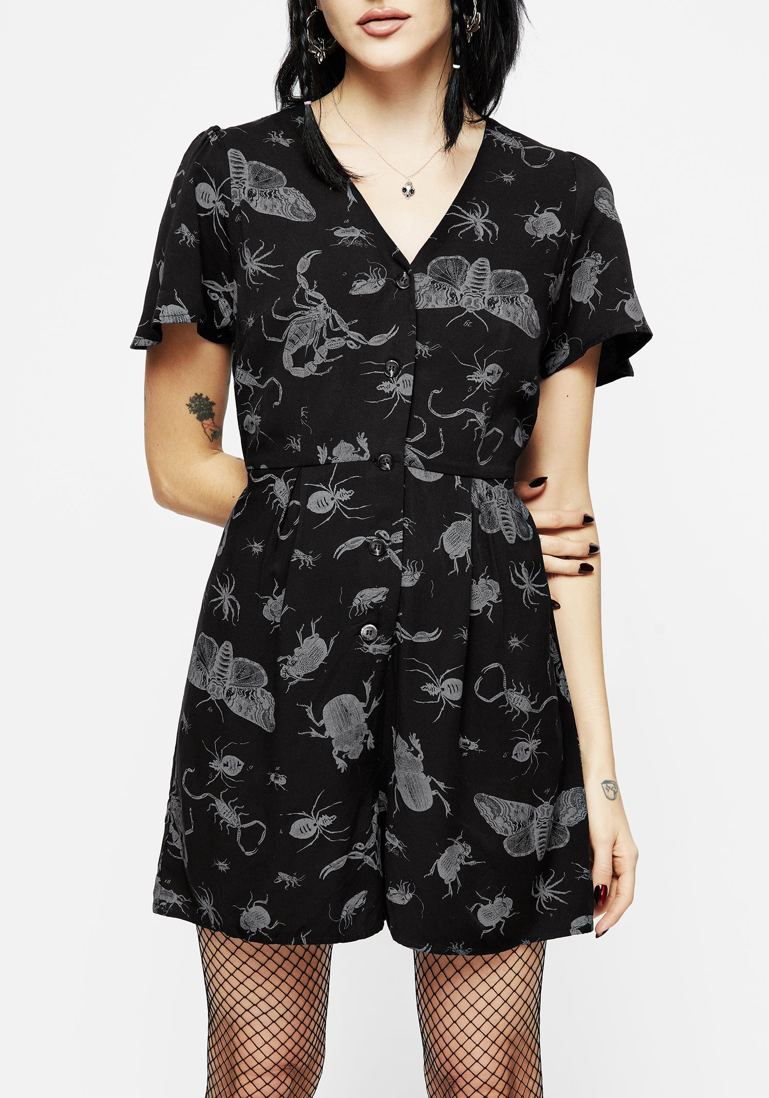 Black Bug Print Playsuit with V-Neck & Waist Ties | Parasite Bugs