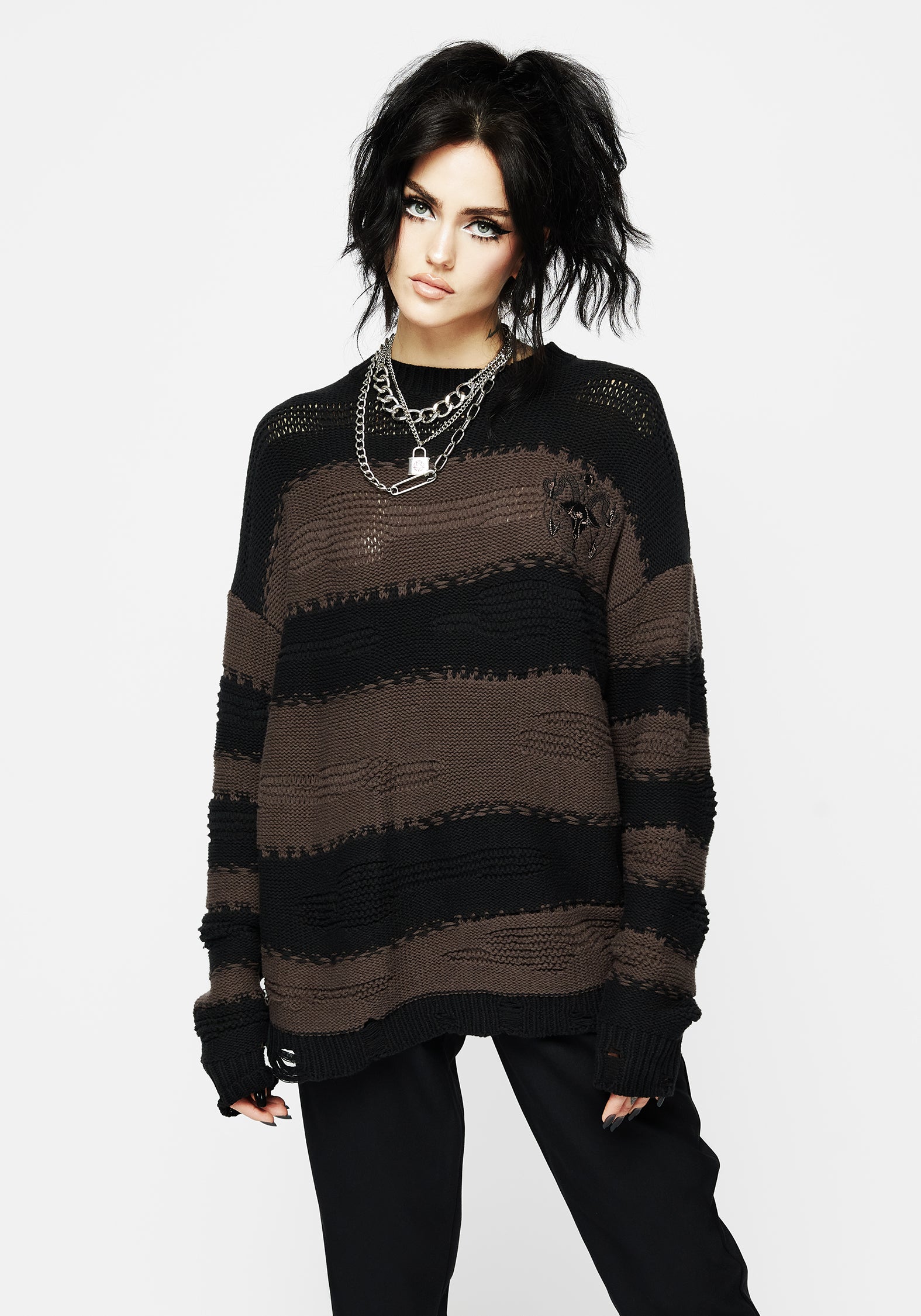 Oversized Striped Knit Sweater with Goat Embroidery | Somnia