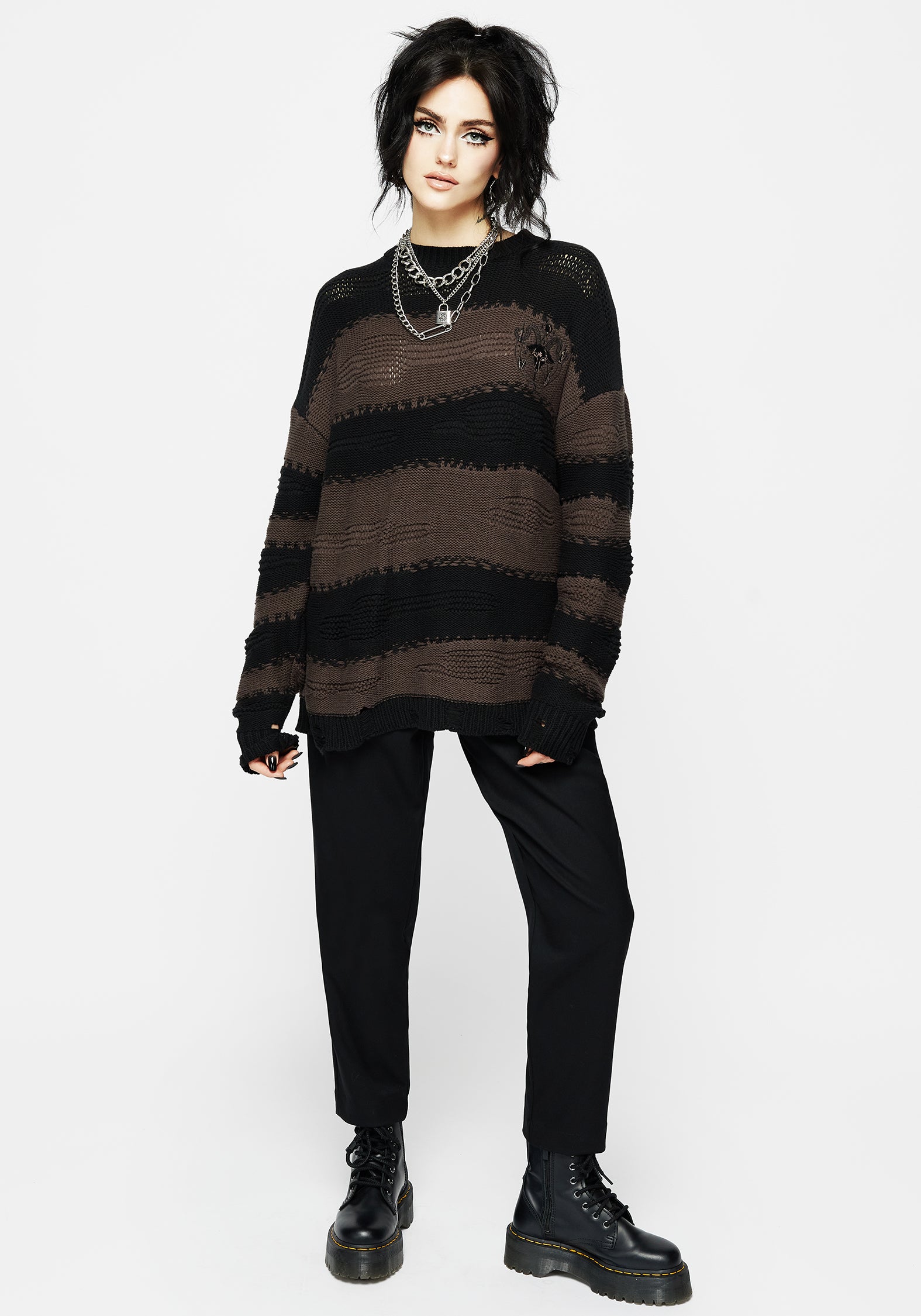 Oversized Striped Knit Sweater with Goat Embroidery | Somnia