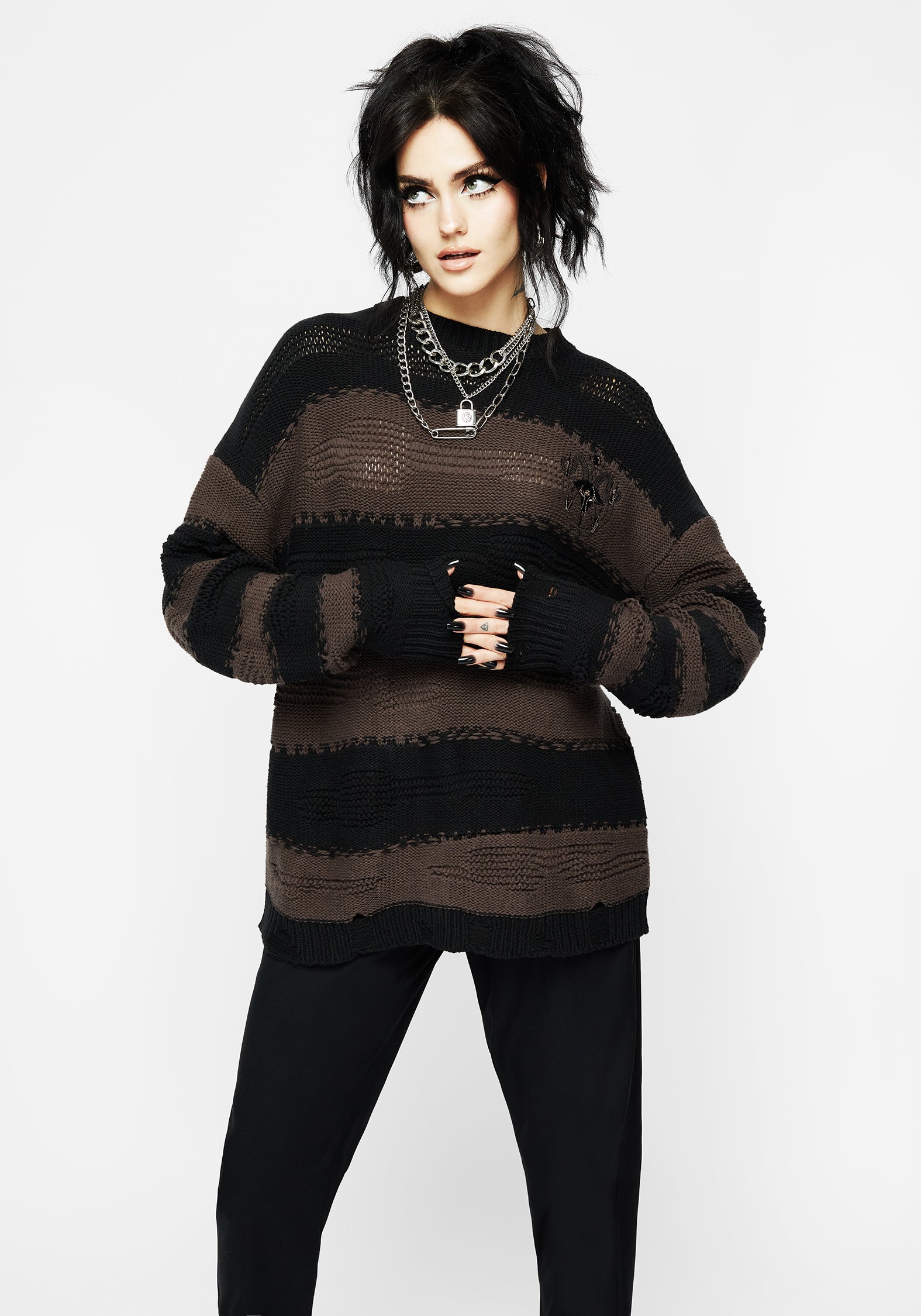 Oversized Striped Knit Sweater with Goat Embroidery | Somnia