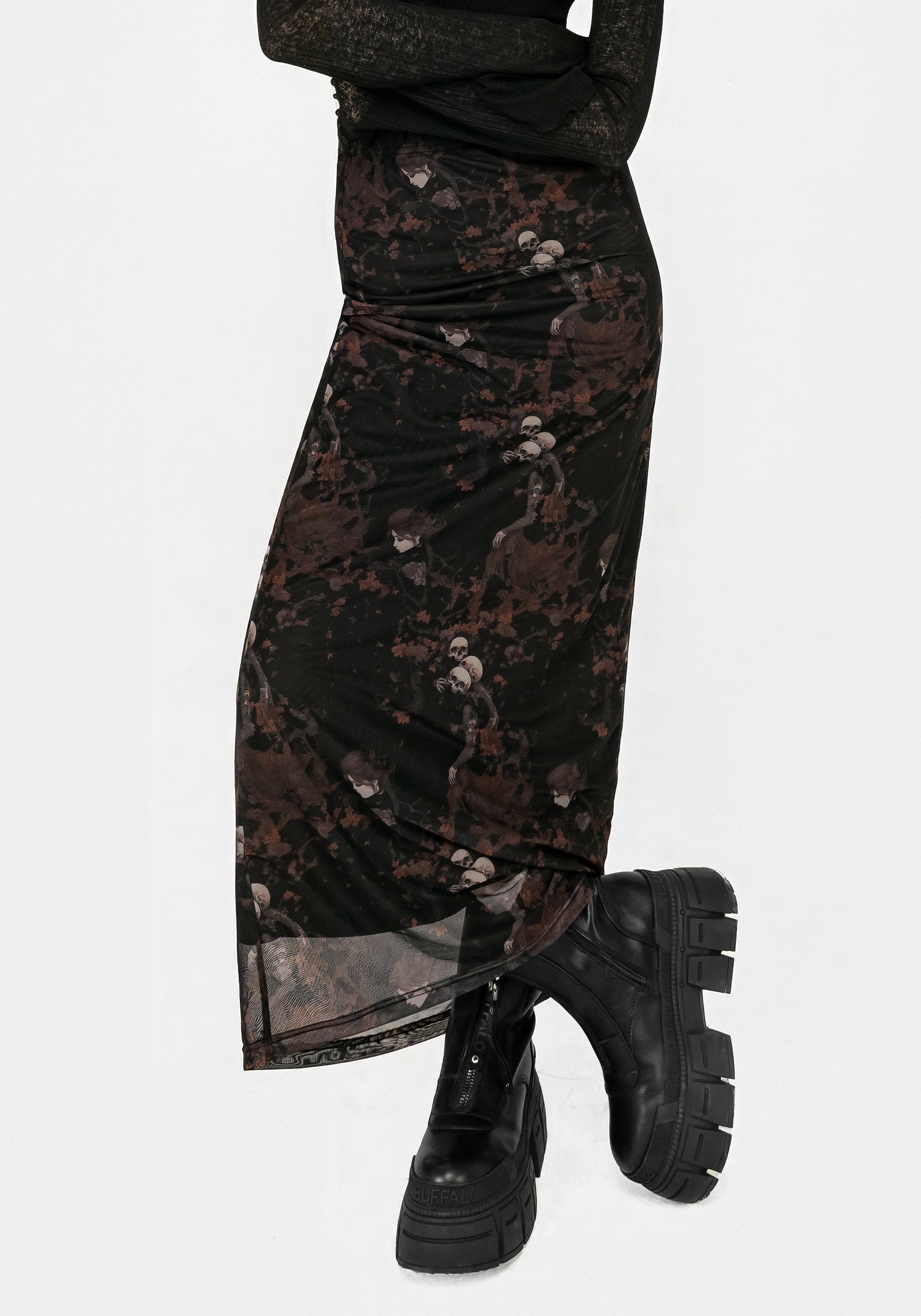 Floral Skull Print Mesh Maxi Skirt with Elastic Waist | Underworld