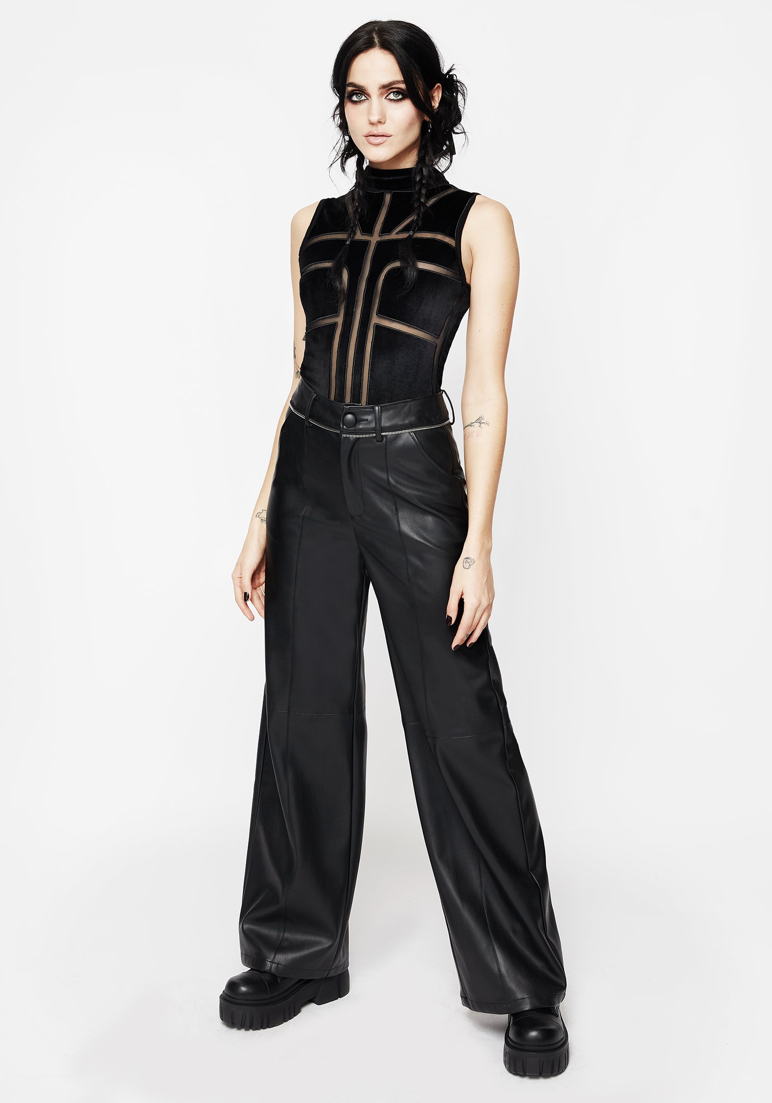Black Velour Bodysuit with Sheer Mesh Cut-Outs | Vespertine