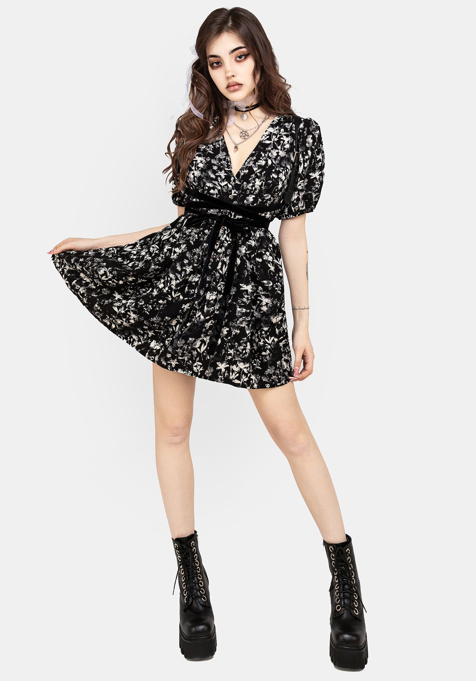 Black & White Floral Button Front Mini Dress | Eulogy