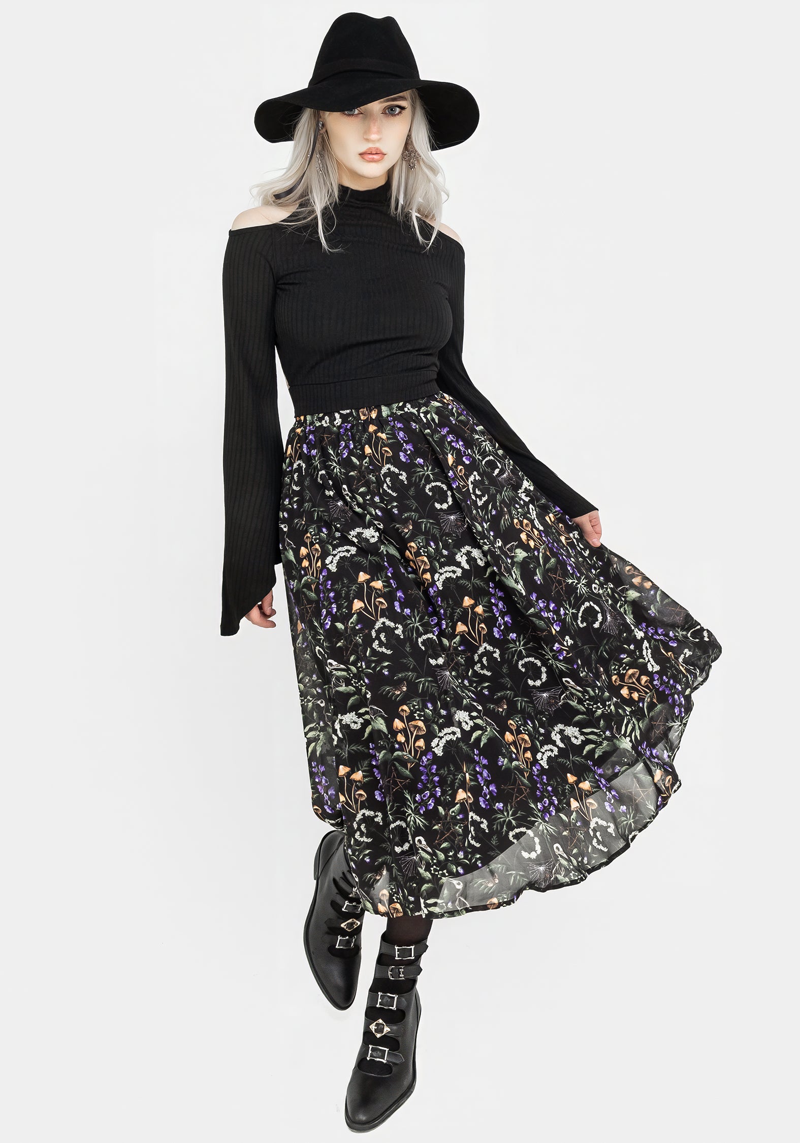Black Floral Chiffon Midi Skirt with Elastic Waist | Vesna