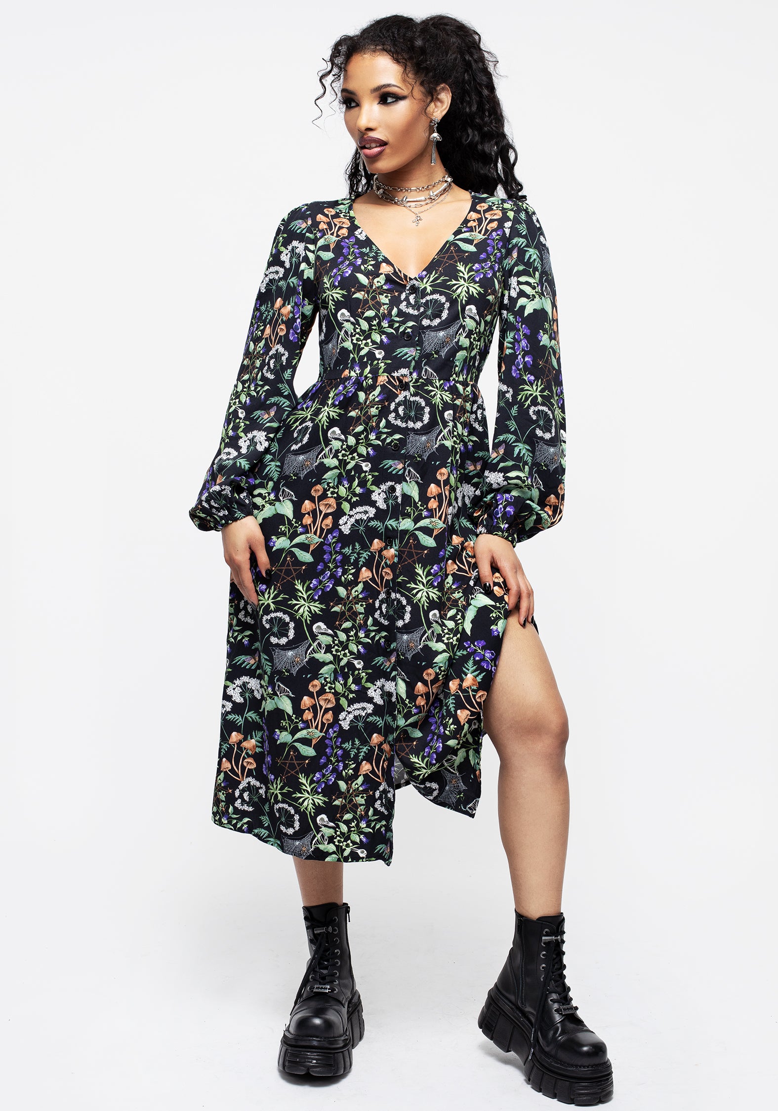 Black Floral Button-Up Midi Dress with Pockets | Vesna