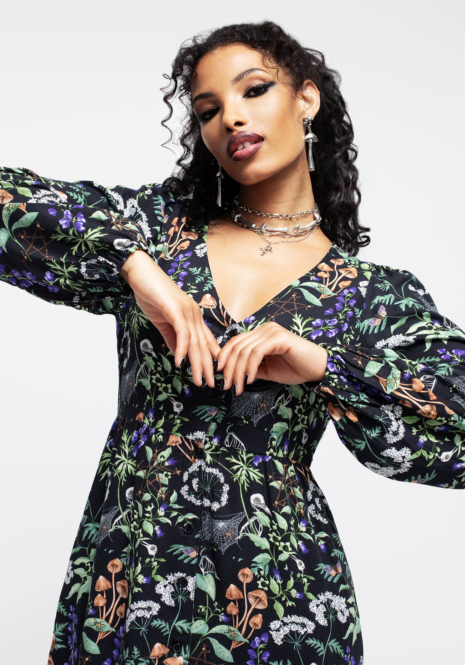 Black Floral Button-Up Midi Dress with Pockets | Vesna