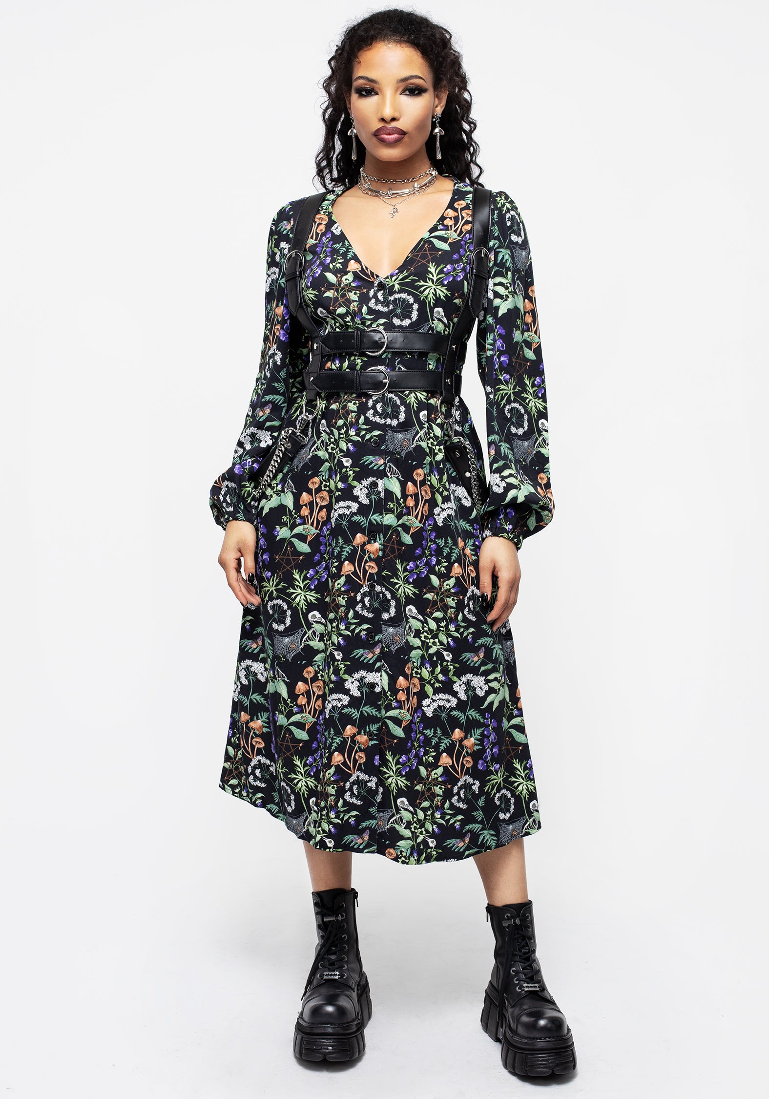 Black Floral Button-Up Midi Dress with Pockets | Vesna