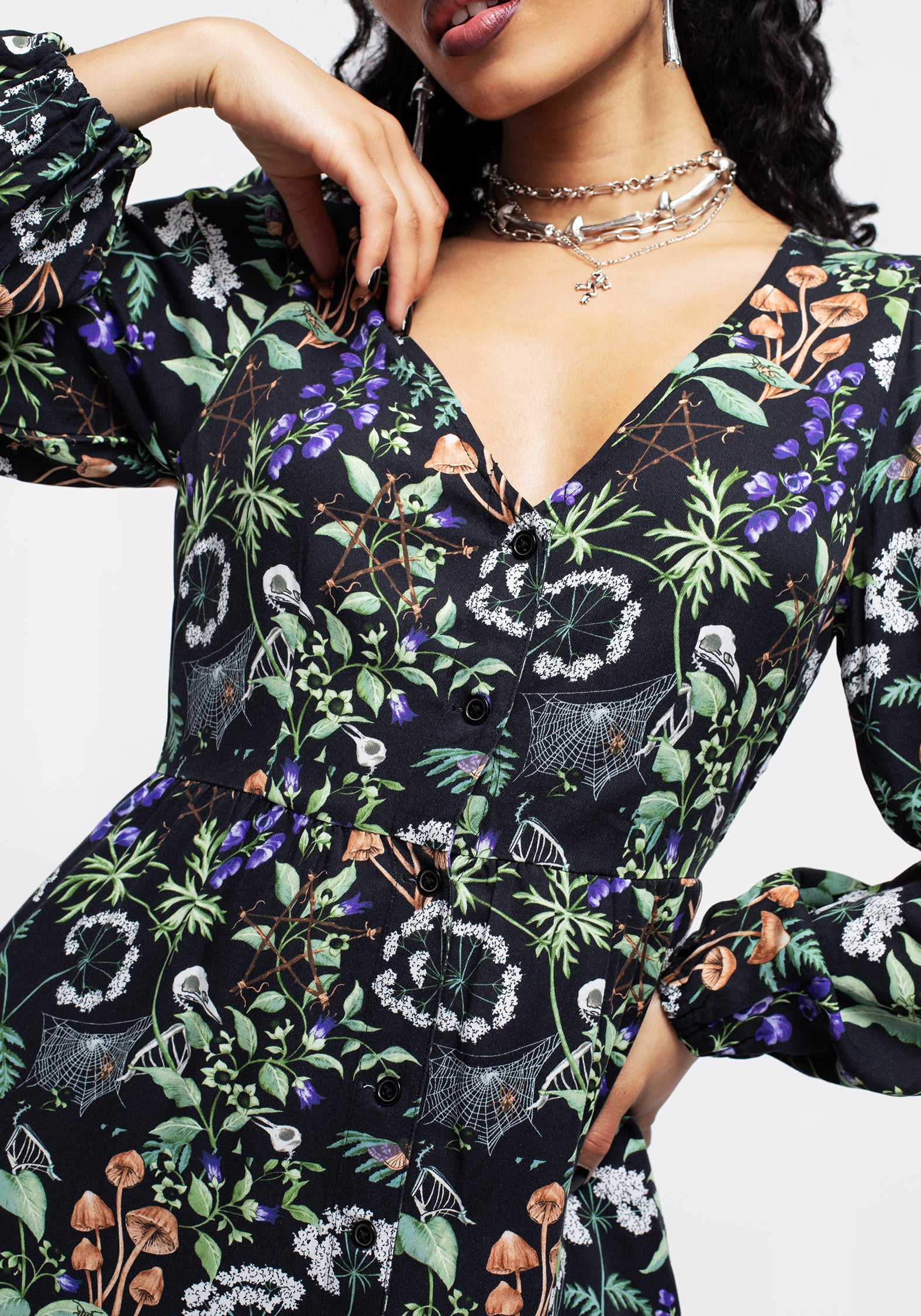 Black Floral Button-Up Midi Dress with Pockets | Vesna