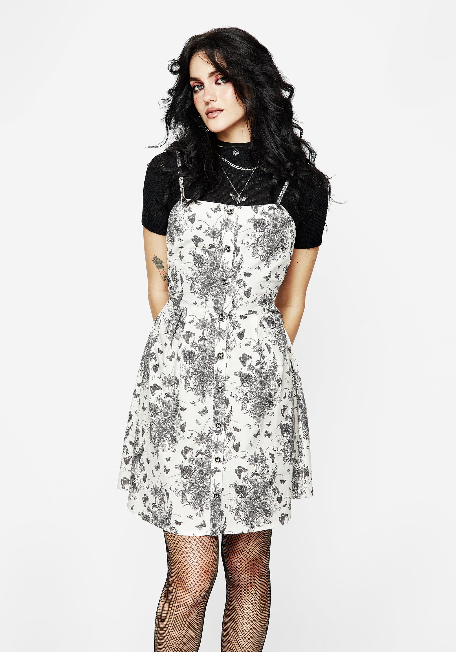 Floral Butterfly Print Mini Apron Dress - Cream | Thalia