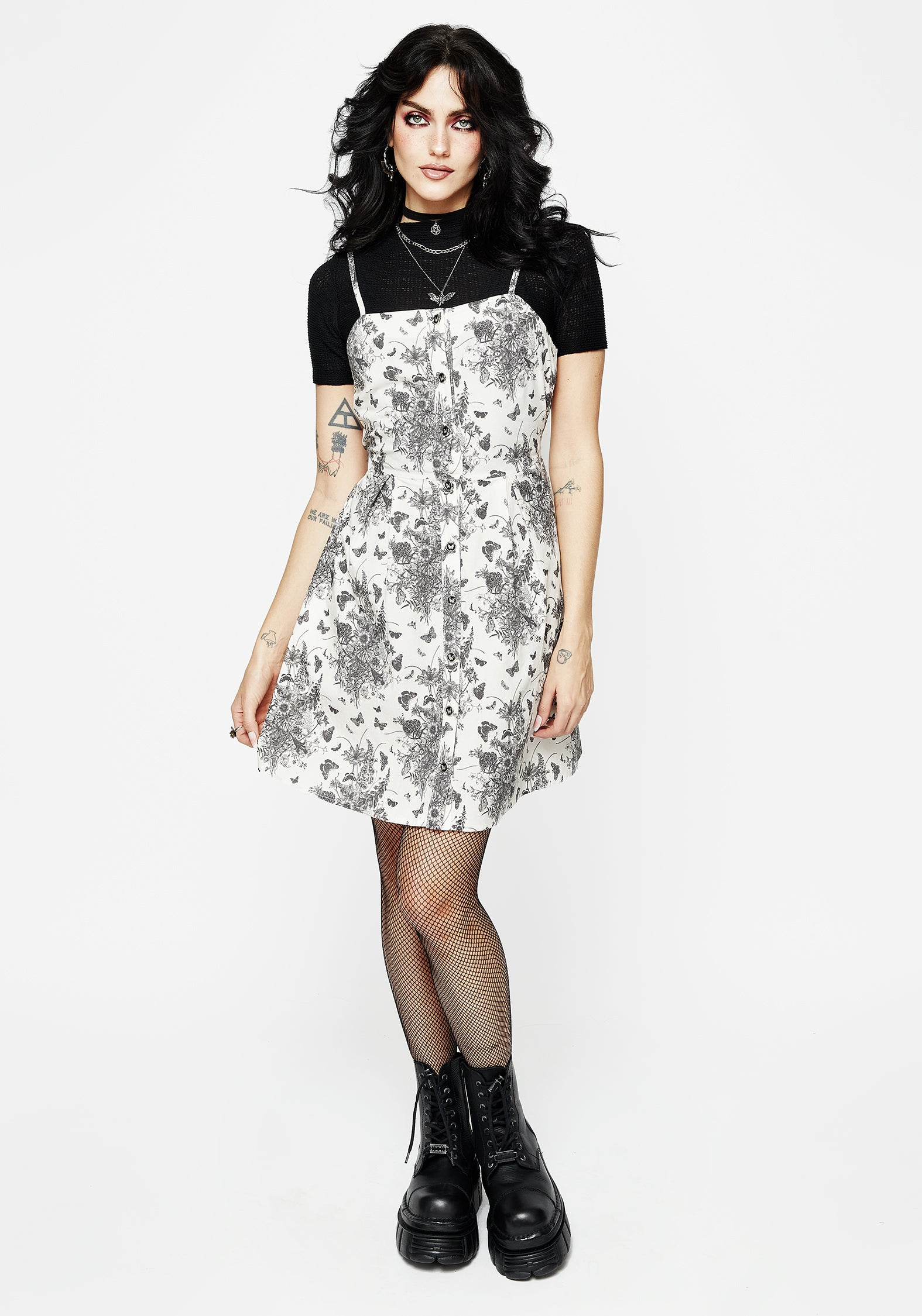 Floral Butterfly Print Mini Apron Dress - Cream | Thalia