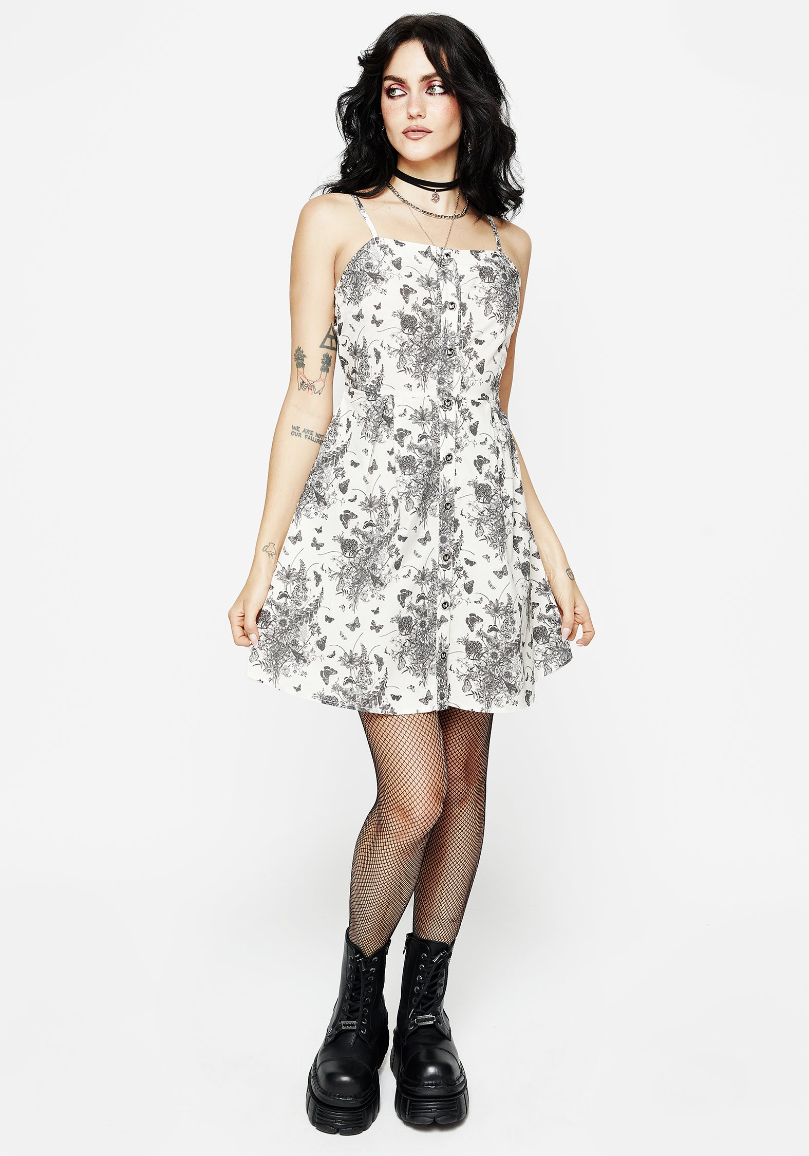 Floral Butterfly Print Mini Apron Dress - Cream | Thalia