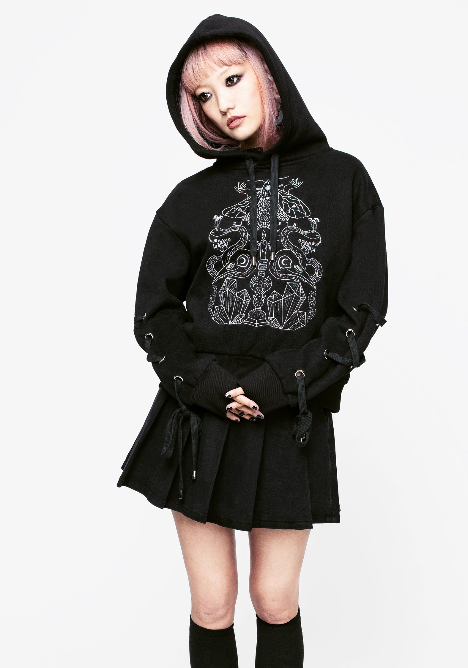 Embroidered Crop Hoody with Lace-Up Sleeves & Hood | Angitia