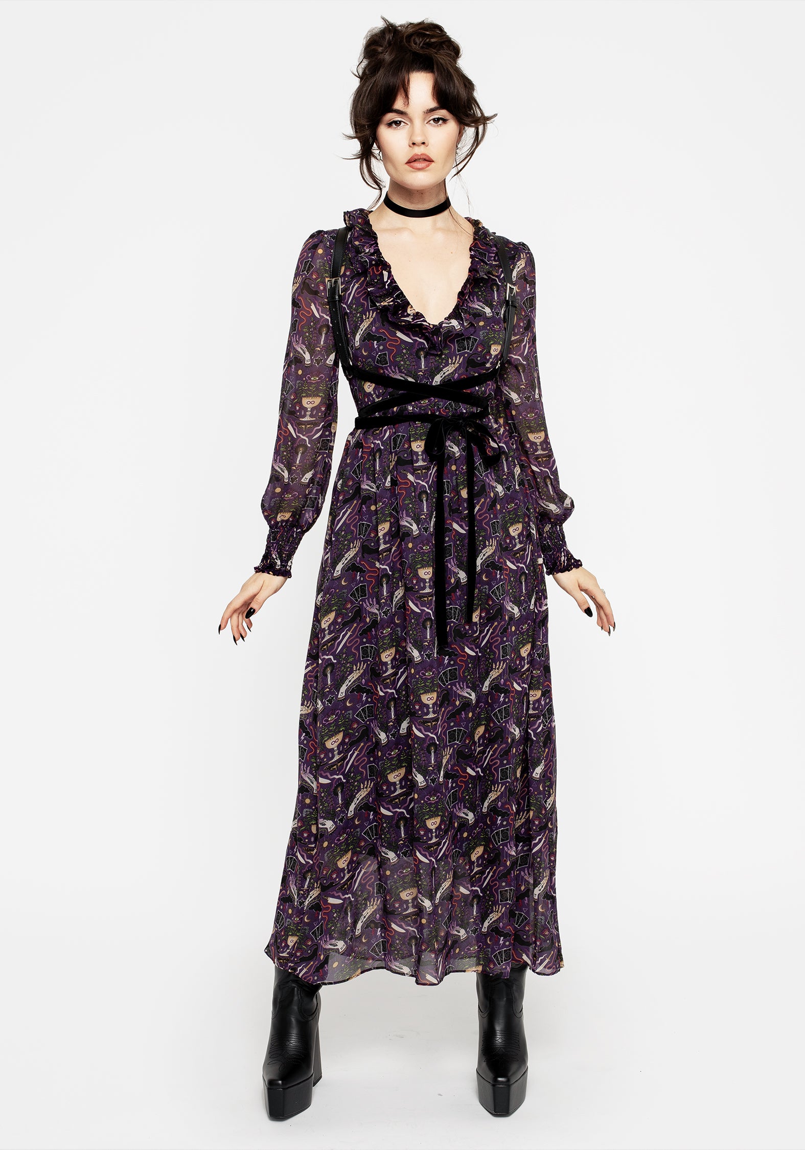 Purple Chiffon Maxi Dress with Puff Sleeves & Cut-Out Back | Modern Mystic
