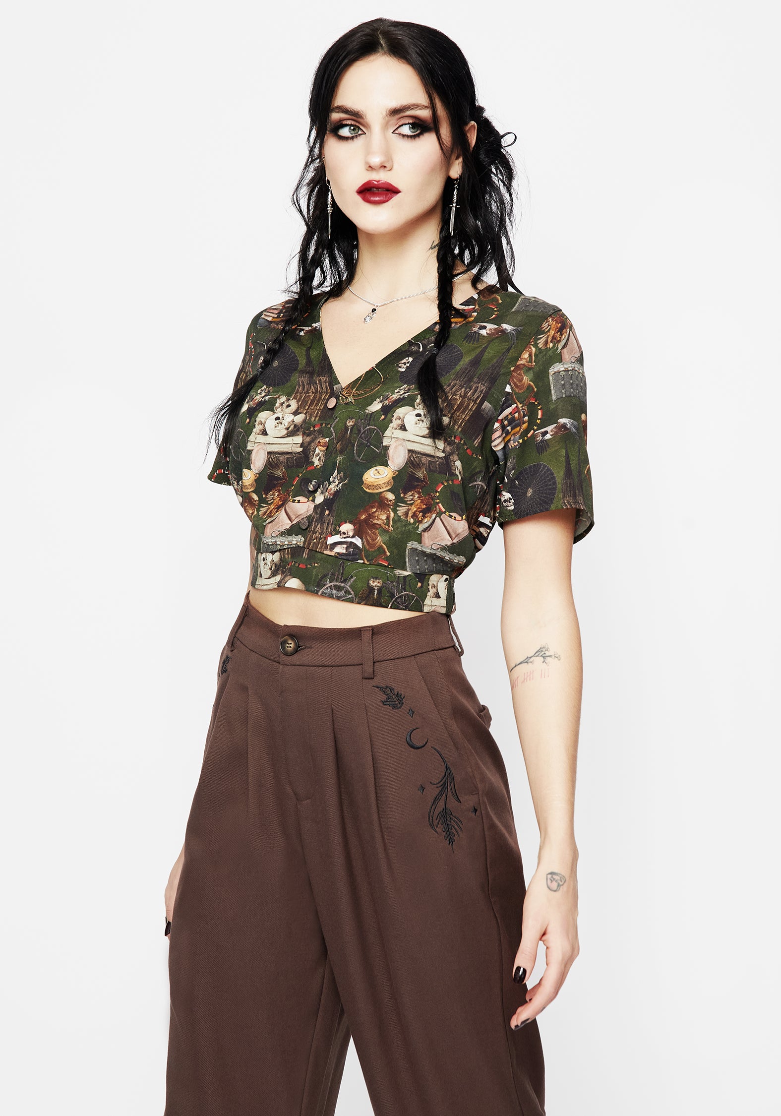 Green Printed Button-Up Crop Top with Dark Academia Print | Maleficium