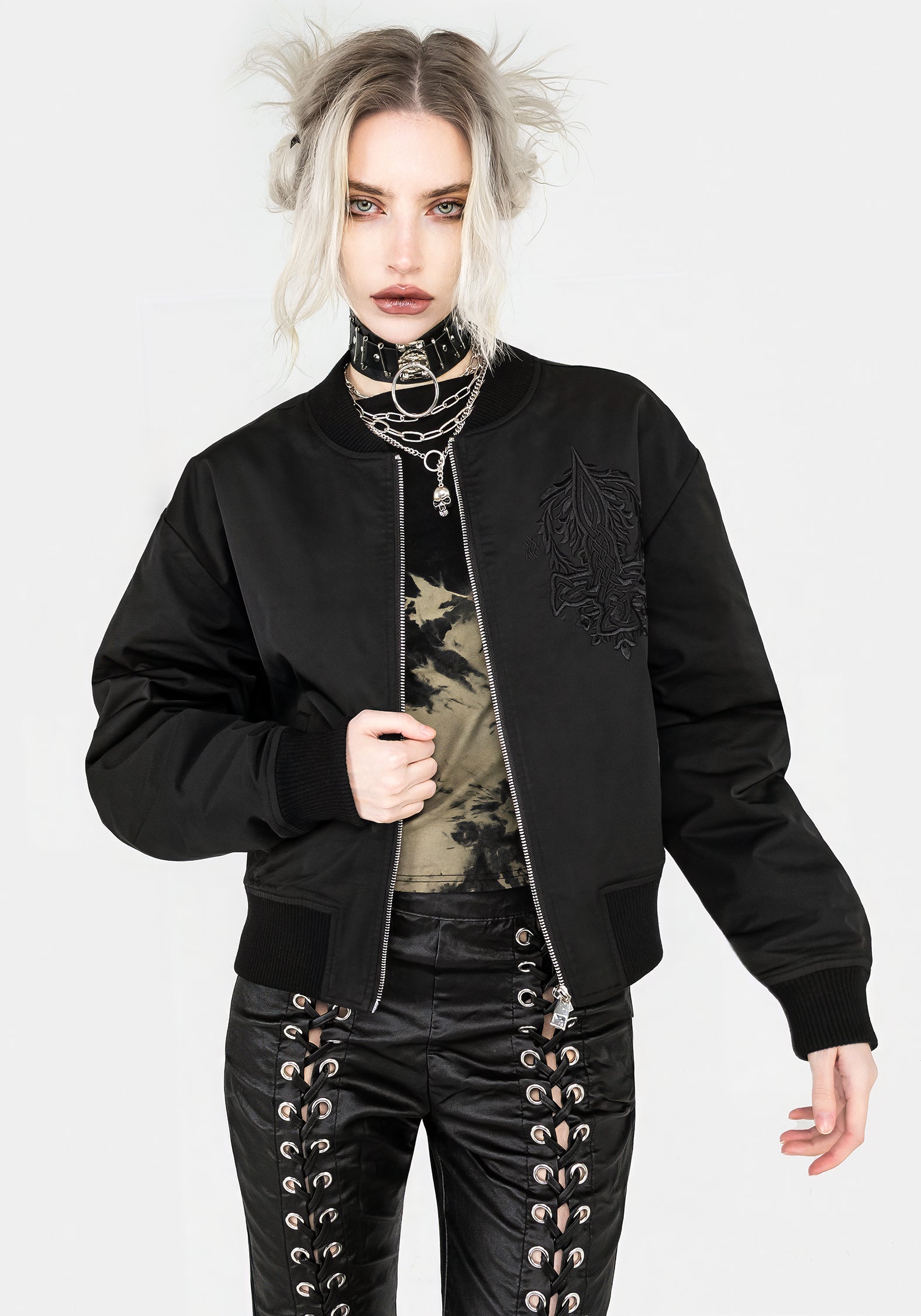 Black Embroidered Bomber Jacket with Celtic Design | Daine