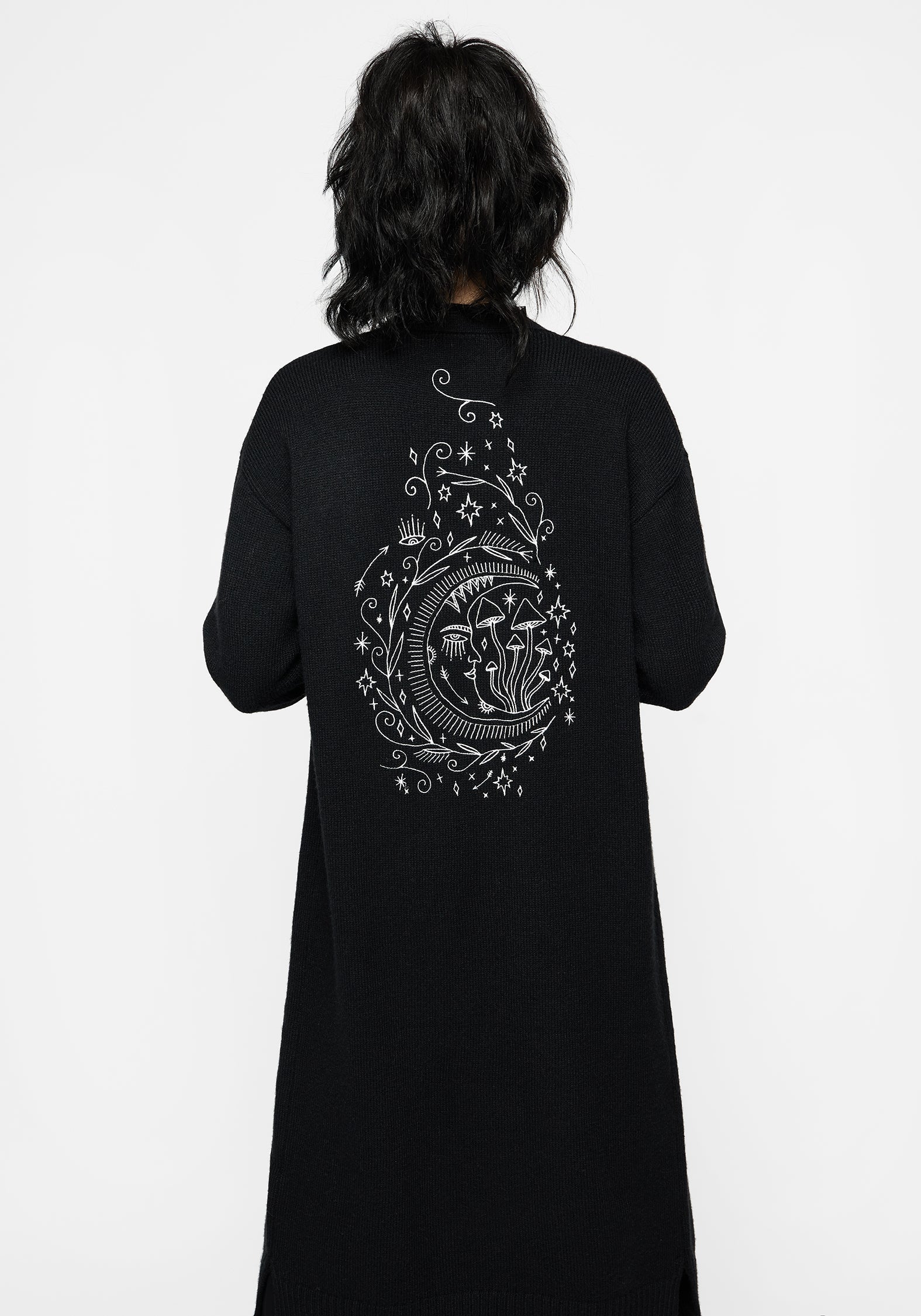 Embroidered Longline Cardigan with Celestial Motif | Marzanna