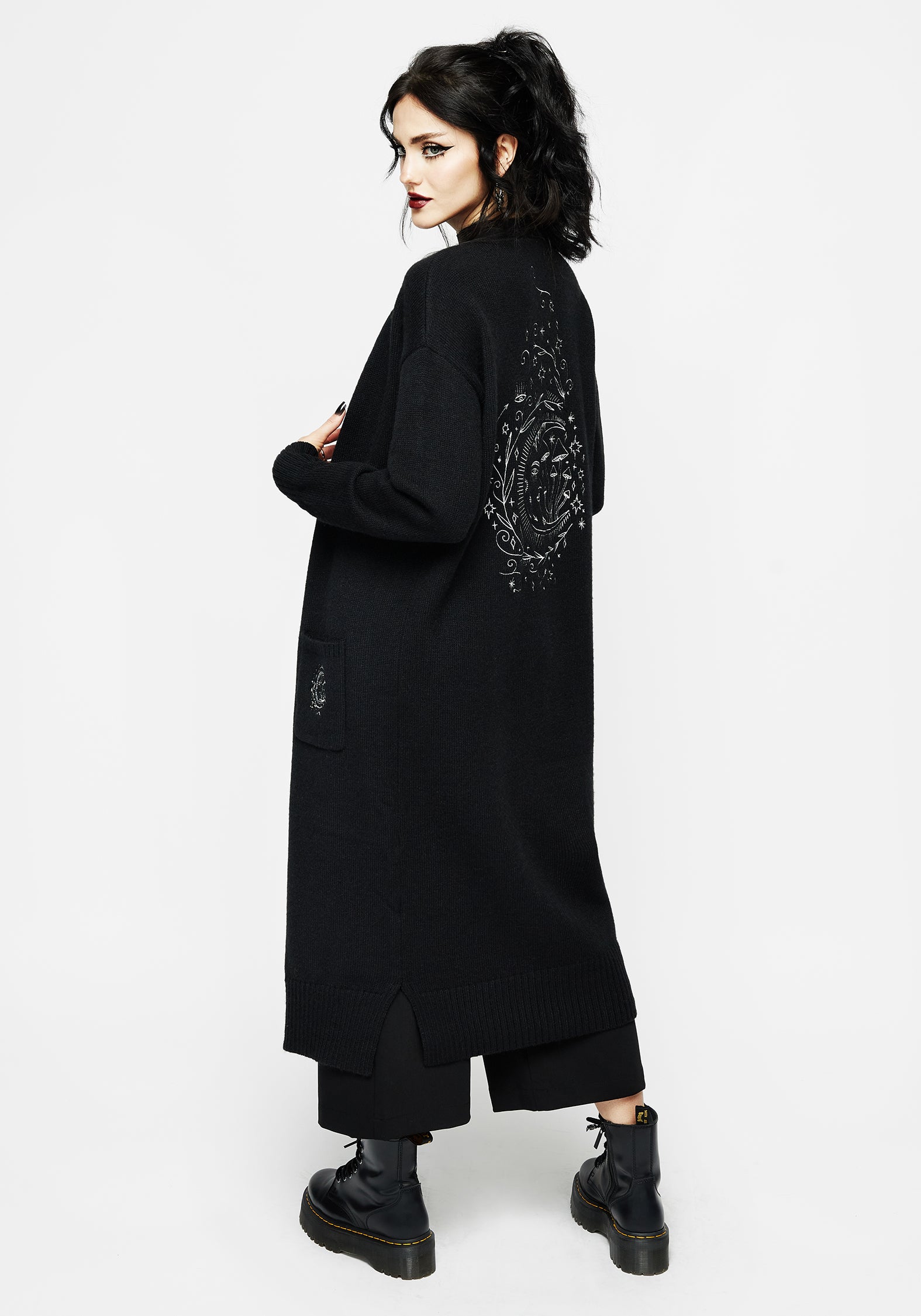 Embroidered Longline Cardigan with Celestial Motif | Marzanna