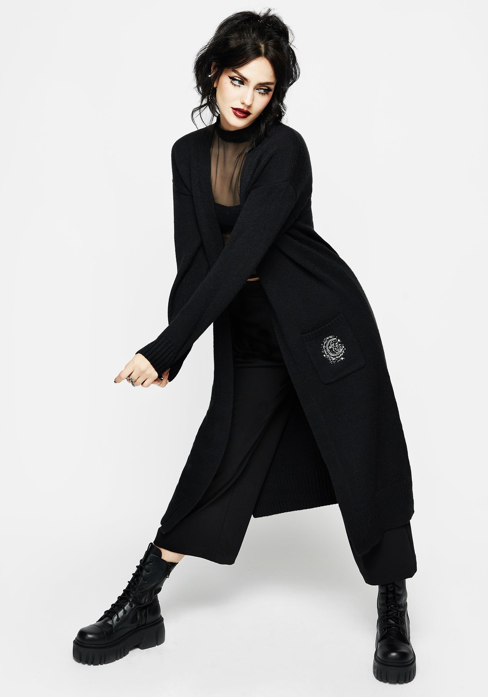 Embroidered Longline Cardigan with Celestial Motif | Marzanna