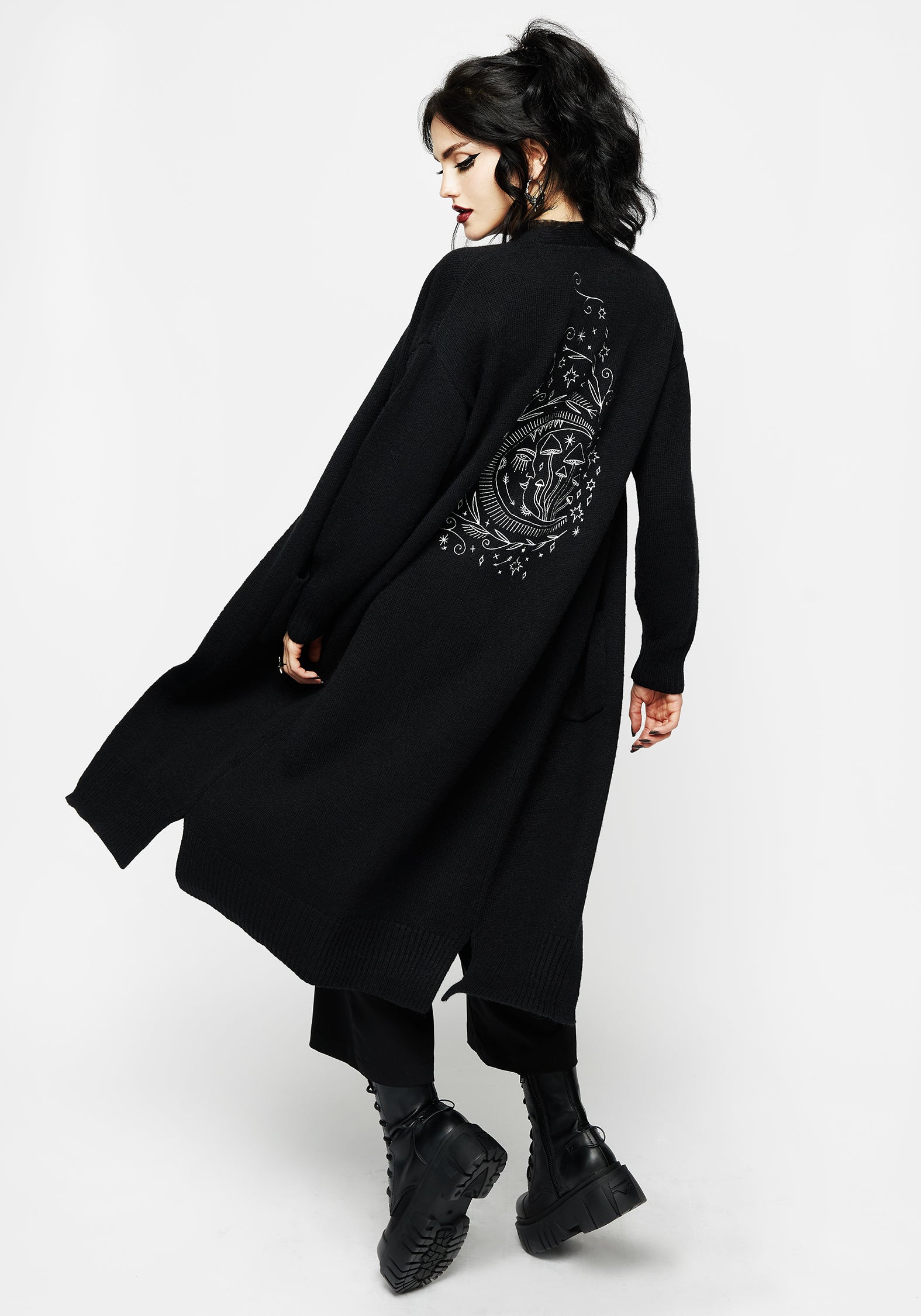 Embroidered Longline Cardigan with Celestial Motif | Marzanna