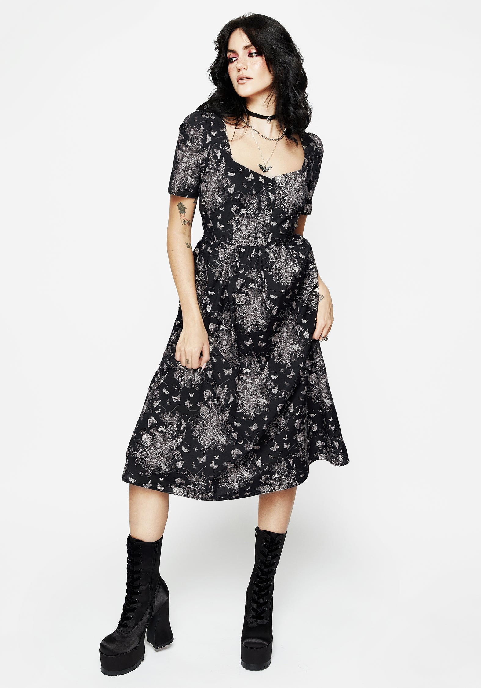 Black Floral Butterfly Print Midi Dress with Sweetheart Neckline | Thalia
