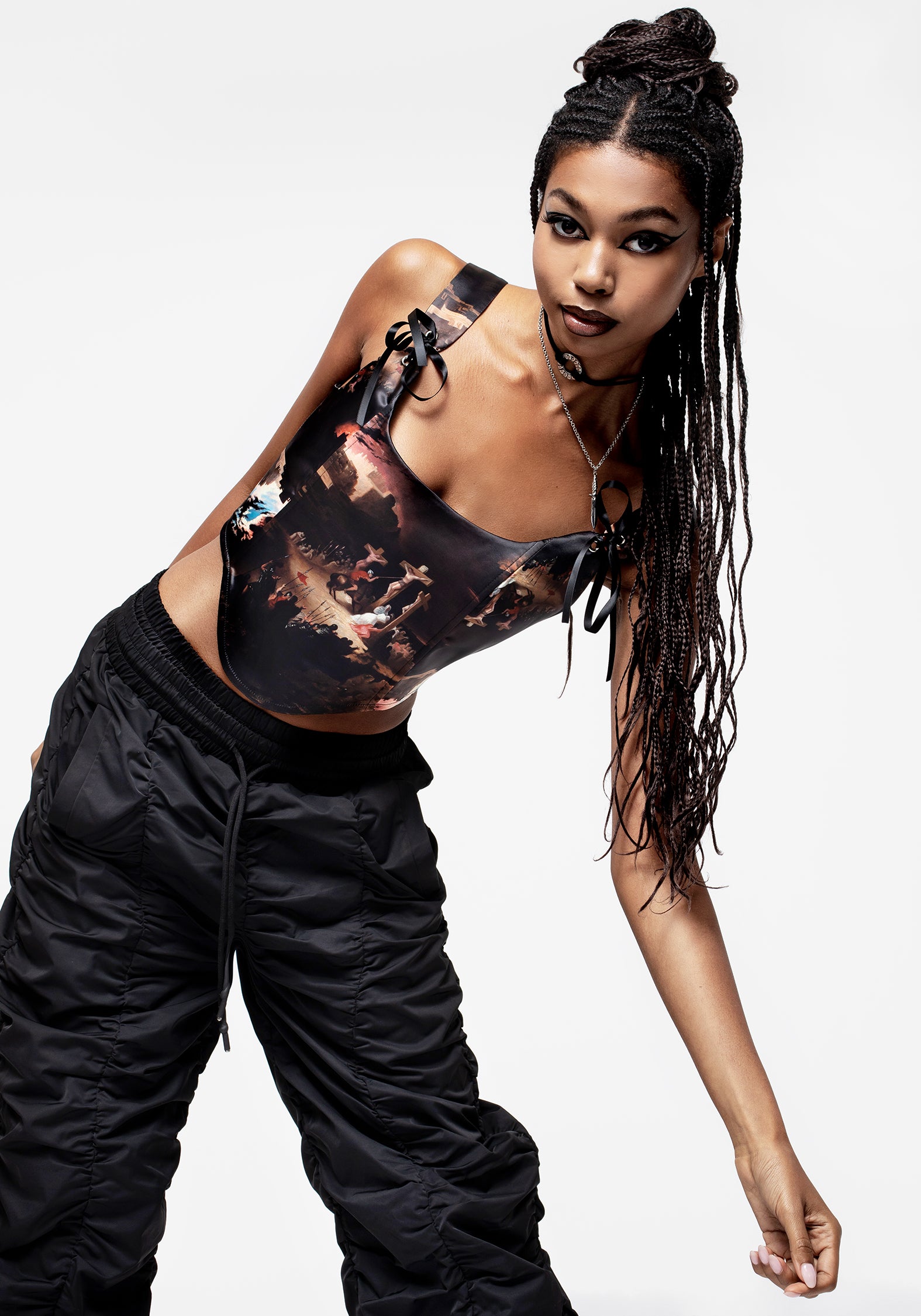 Crucifixion Print Satin Corset Top with Lace-Up Back | Zoe