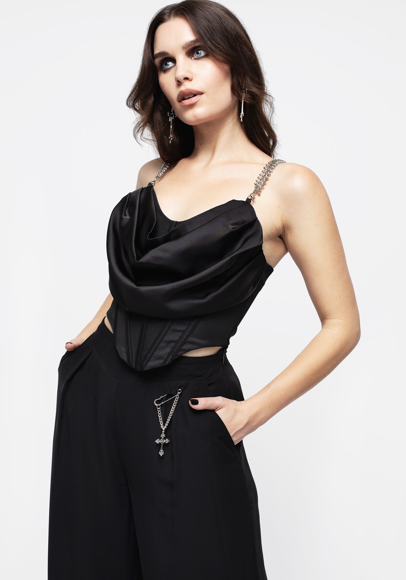 Black Corset Top with Chain Straps & Cowl Neckline | Helica Ruffle