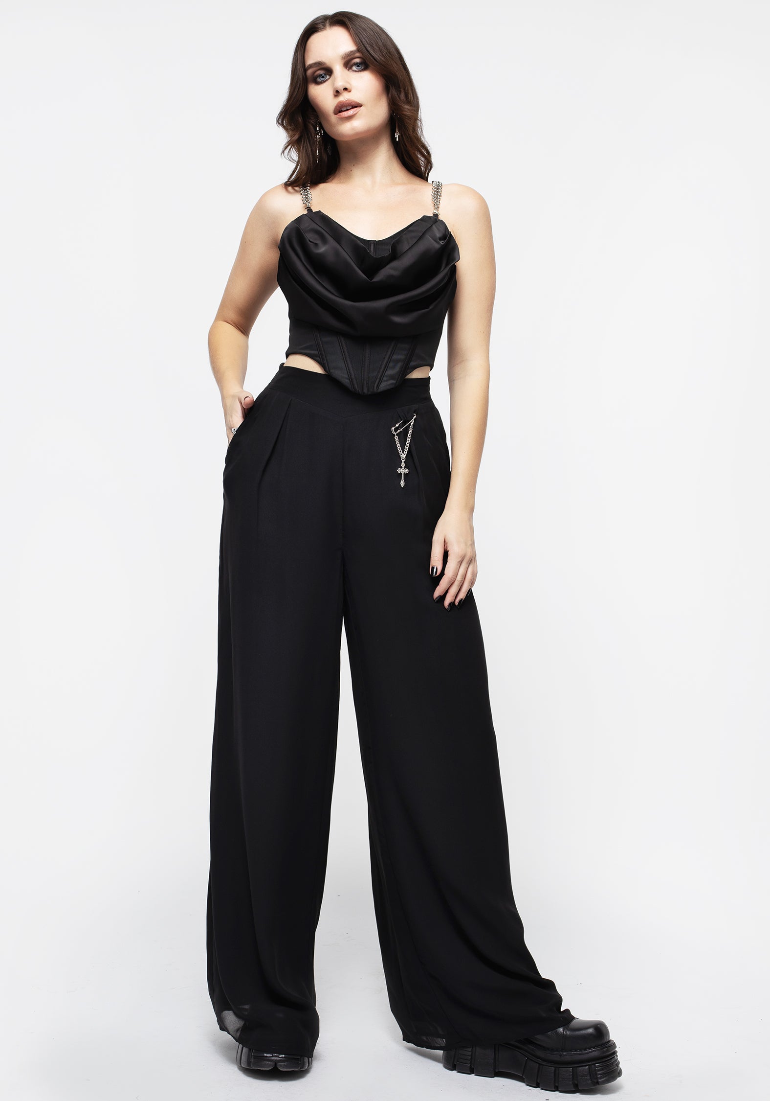 Black Corset Top with Chain Straps & Cowl Neckline | Helica Ruffle