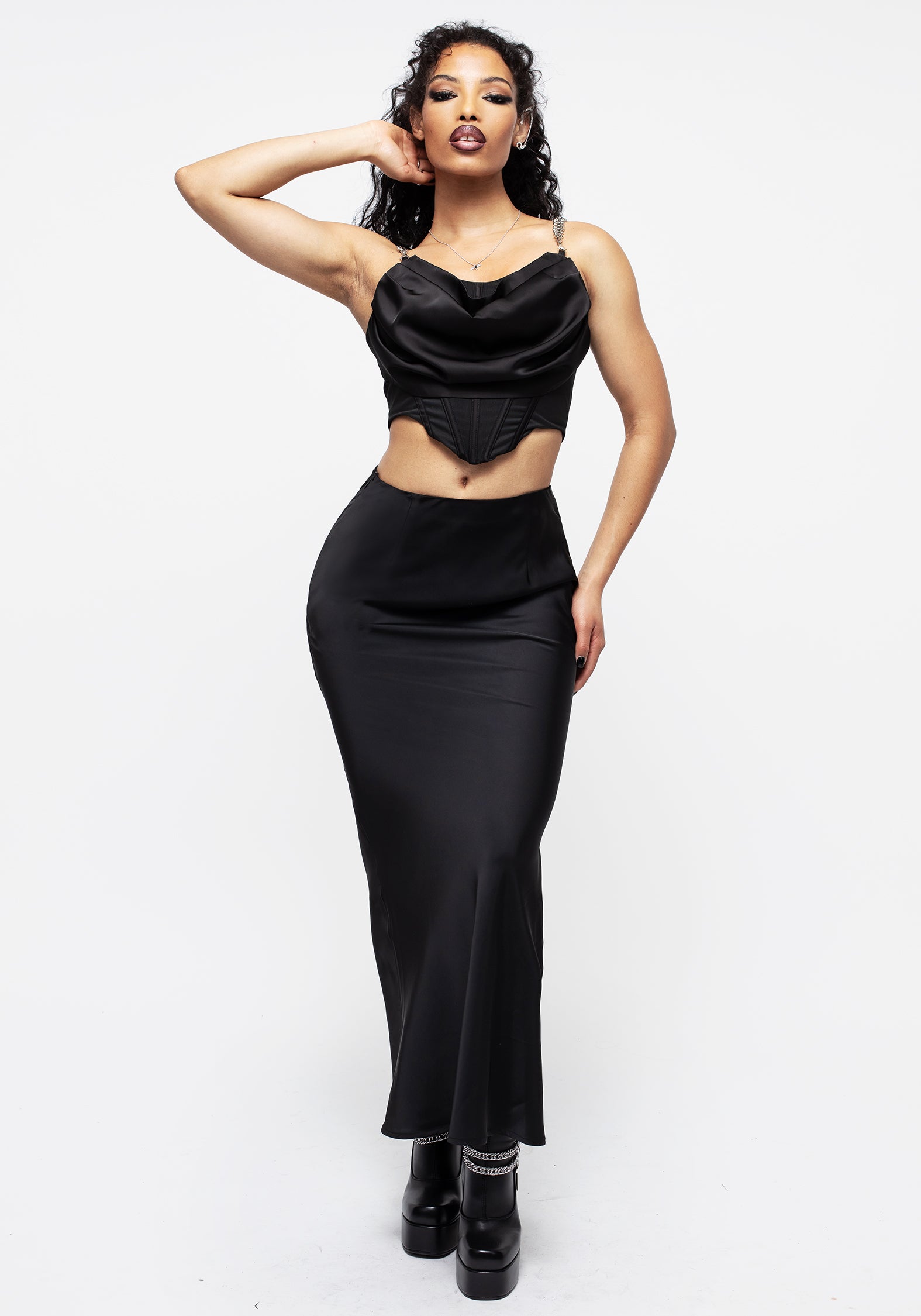Black Corset Top with Chain Straps & Cowl Neckline | Helica Ruffle