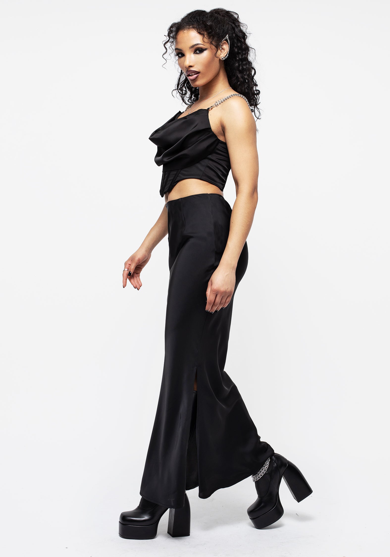 Black Corset Top with Chain Straps & Cowl Neckline | Helica Ruffle