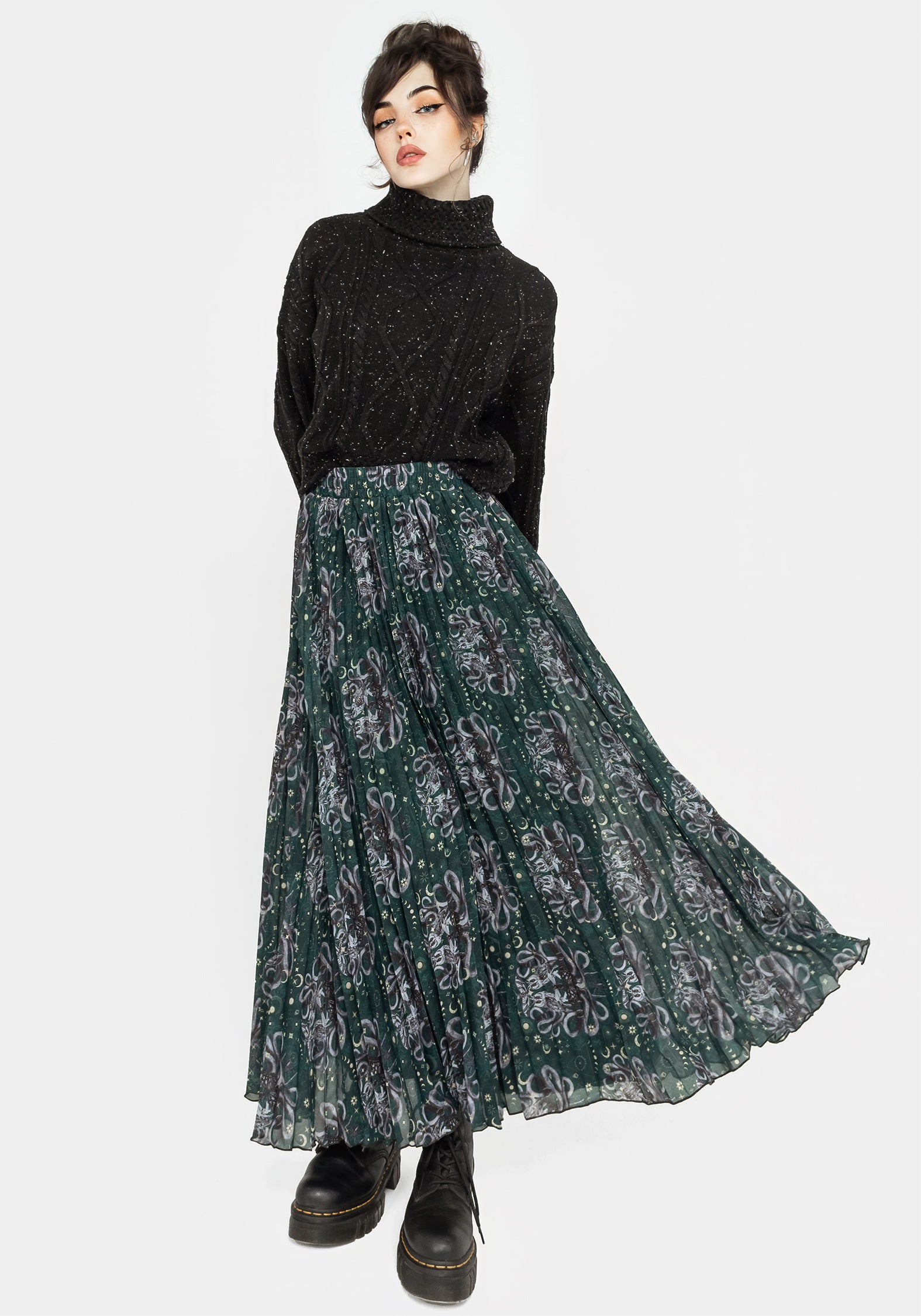Pleated Maxi Skirt with Elastic Waistband & Celestial Print | Cailleach