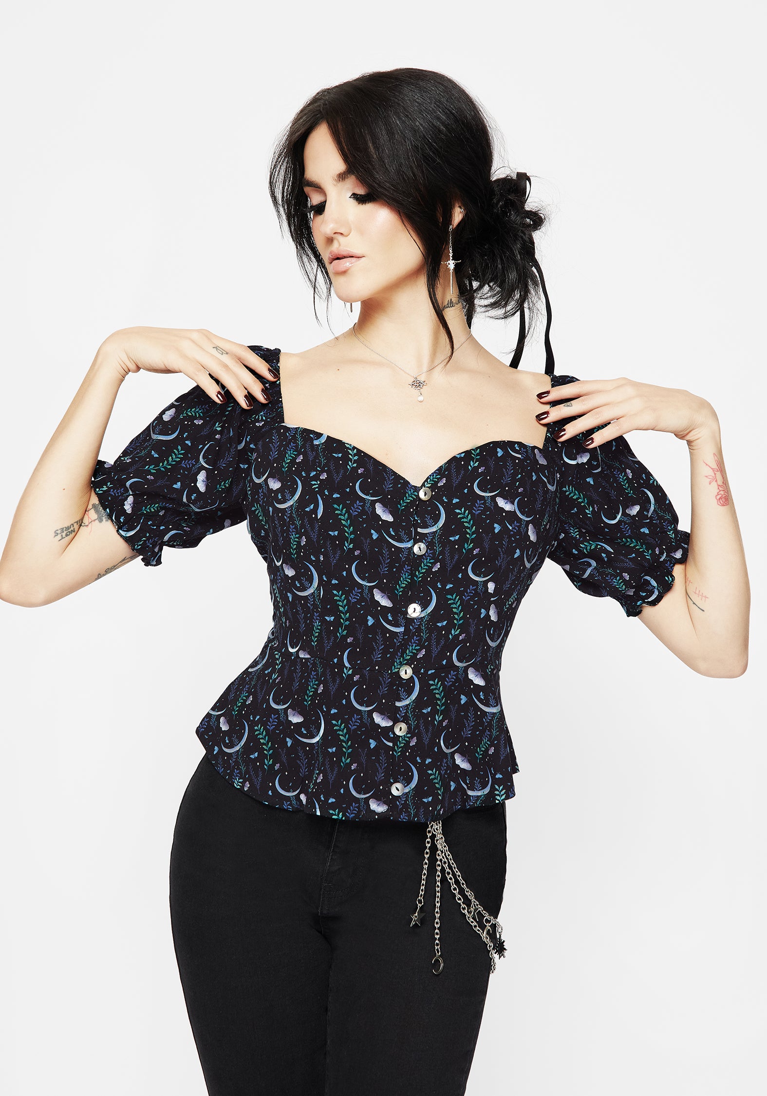 Black Moth & Moon Print Button-Up Top with Peplum Waist | Diana Moon