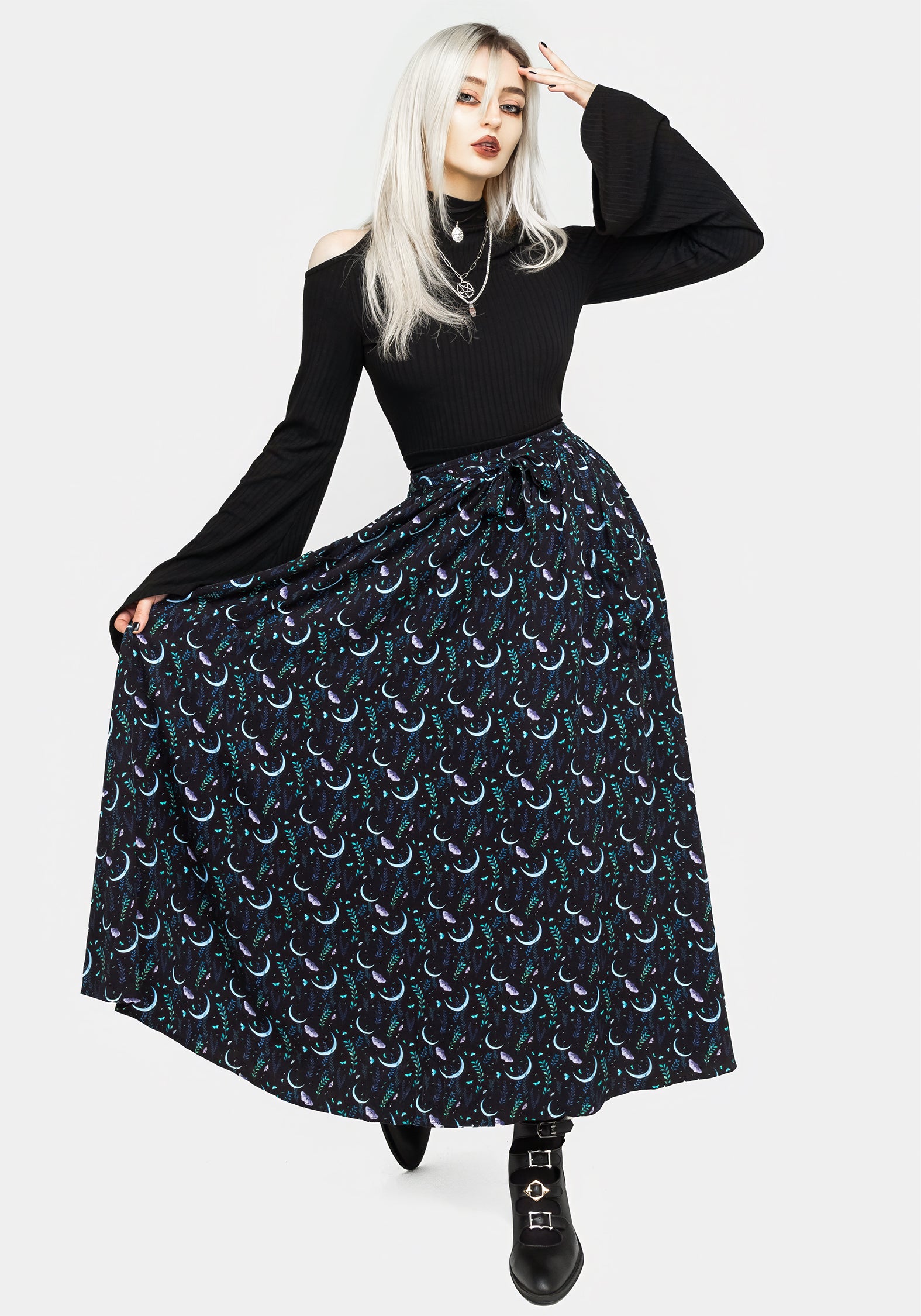 Black Moth & Moon Print Tie Waist Midaxi Skirt | Diana