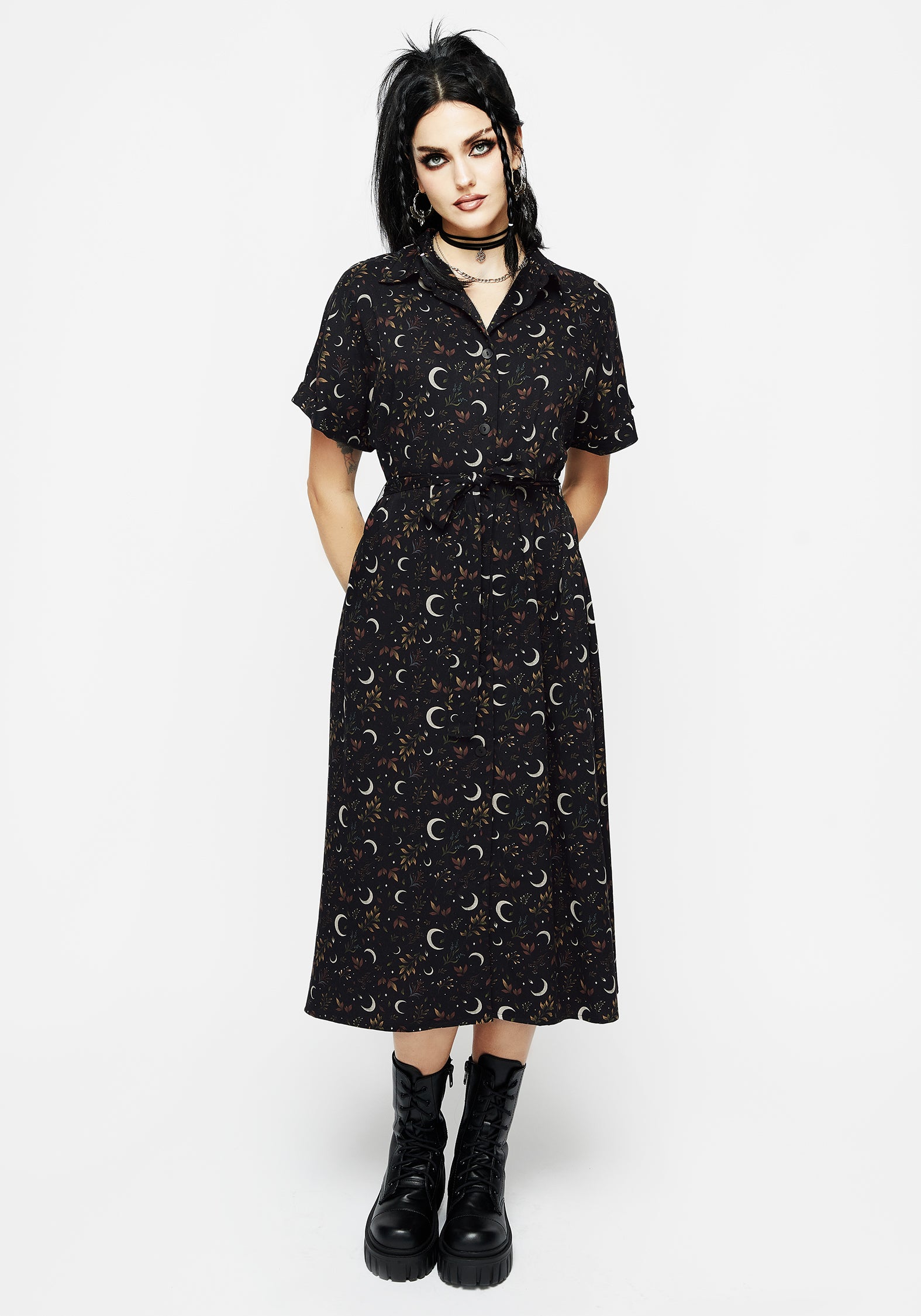 Floral Moon Print Midi Shirt Dress with Belt Tie | Sickle Moon