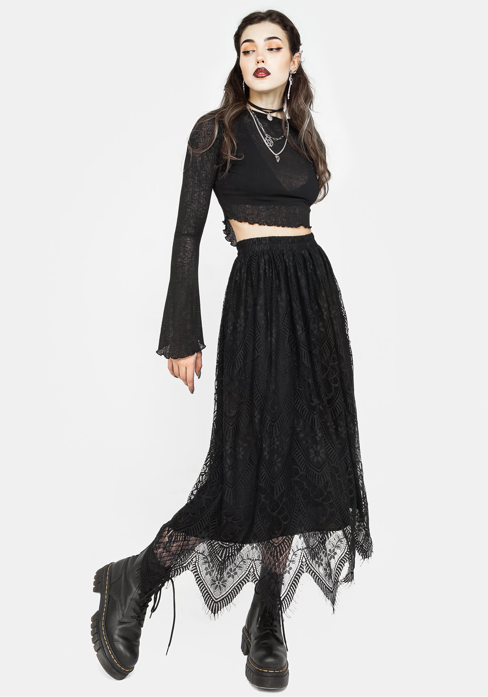 Black Floral Lace Midaxi Skirt with Elastic Waistband | Poltergeist