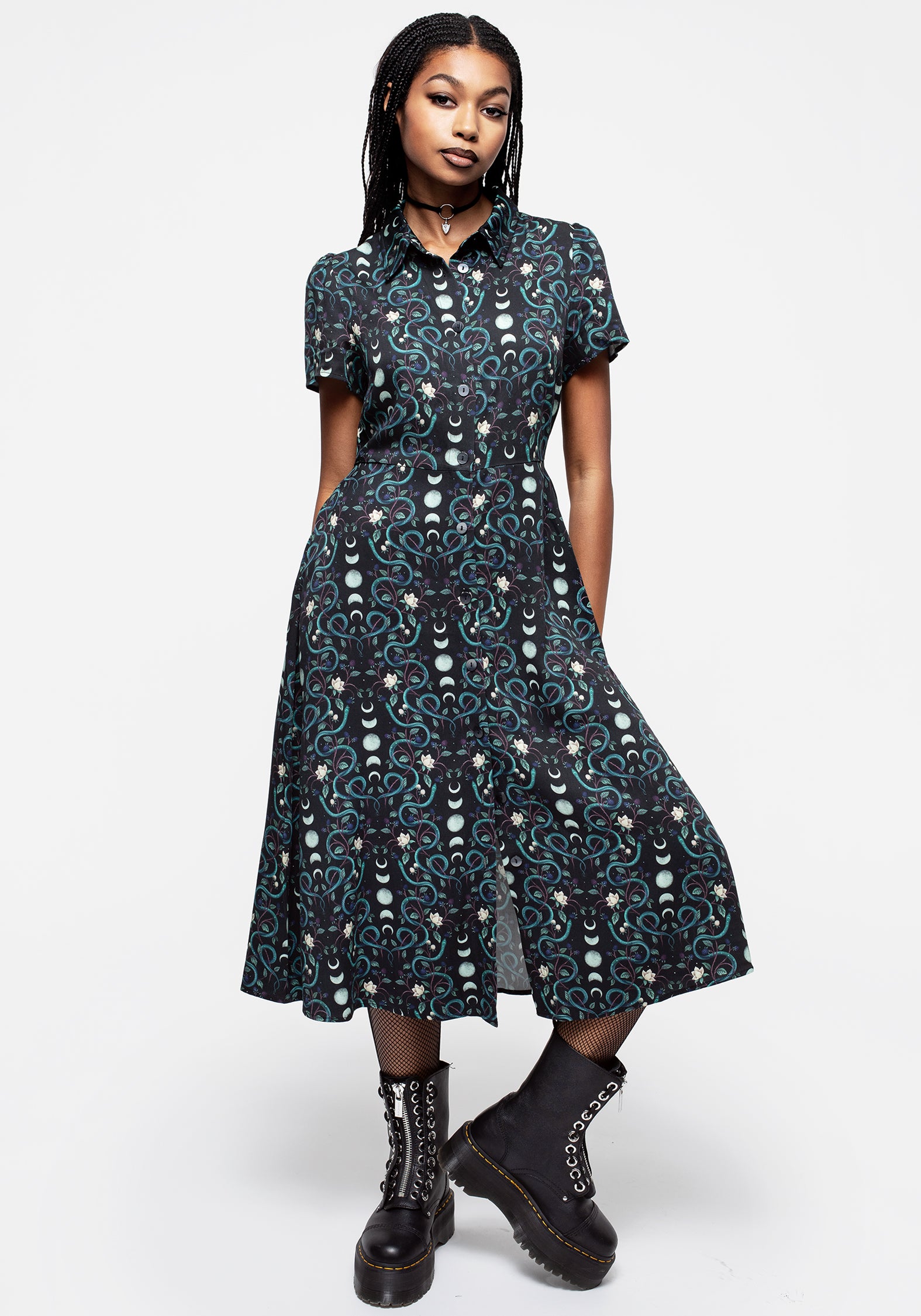 Snake & Moon Print Midi Shirt Dress | Pythia
