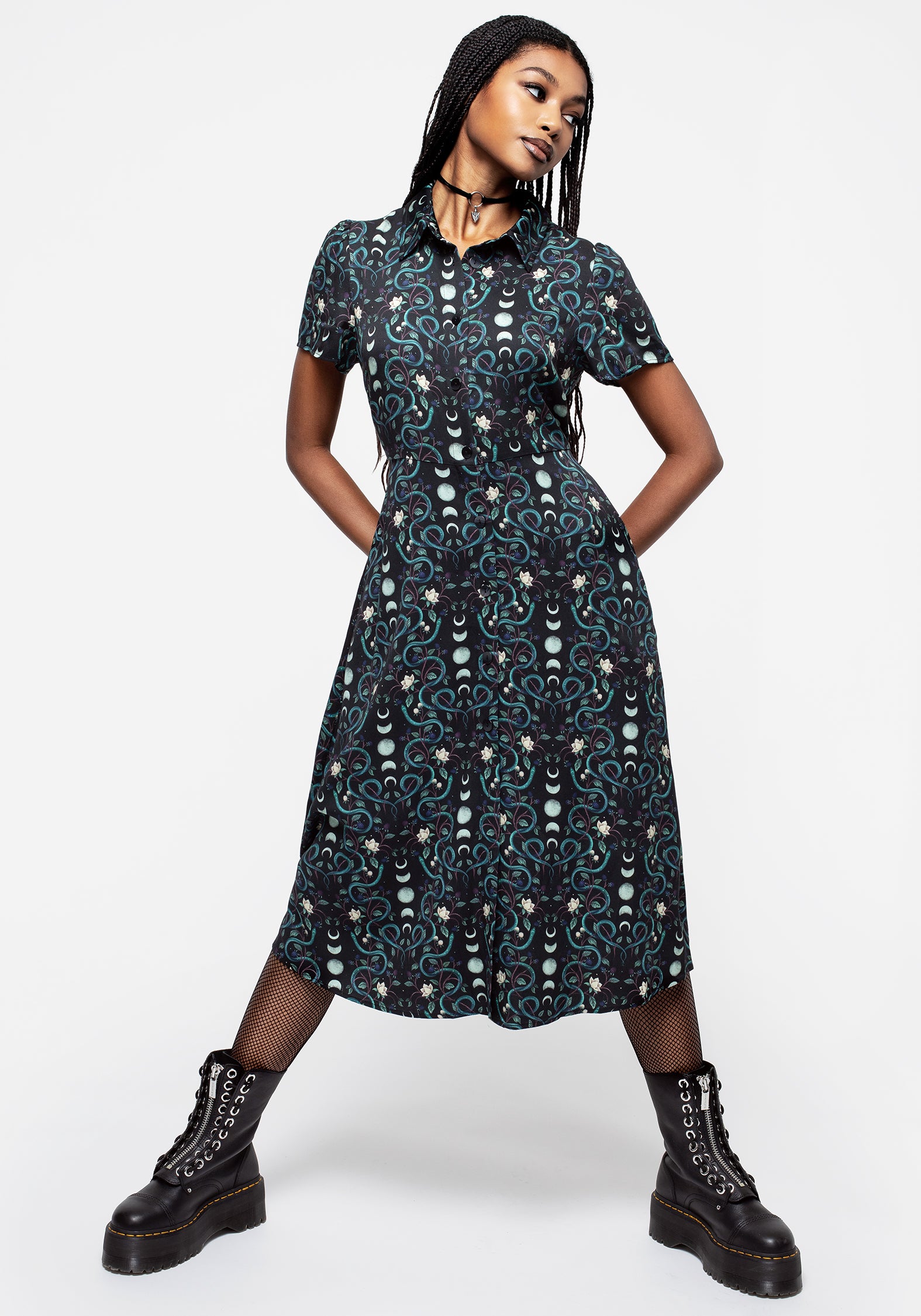 Snake & Moon Print Midi Shirt Dress | Pythia