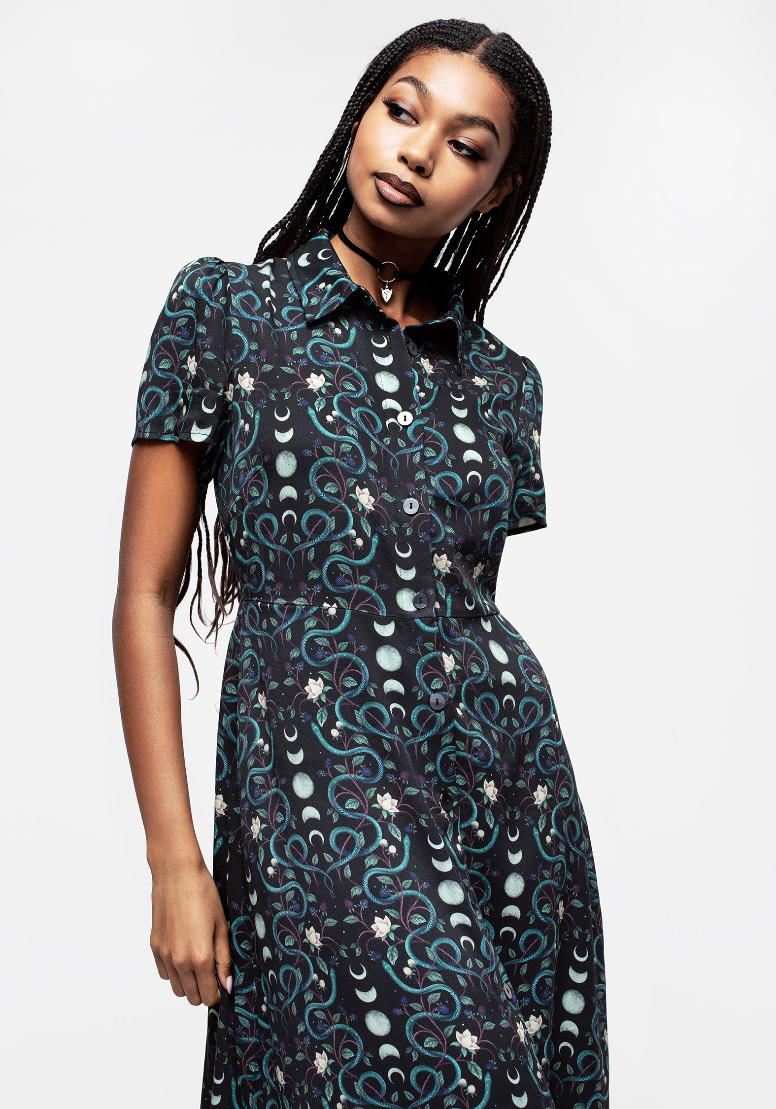 Snake & Moon Print Midi Shirt Dress | Pythia