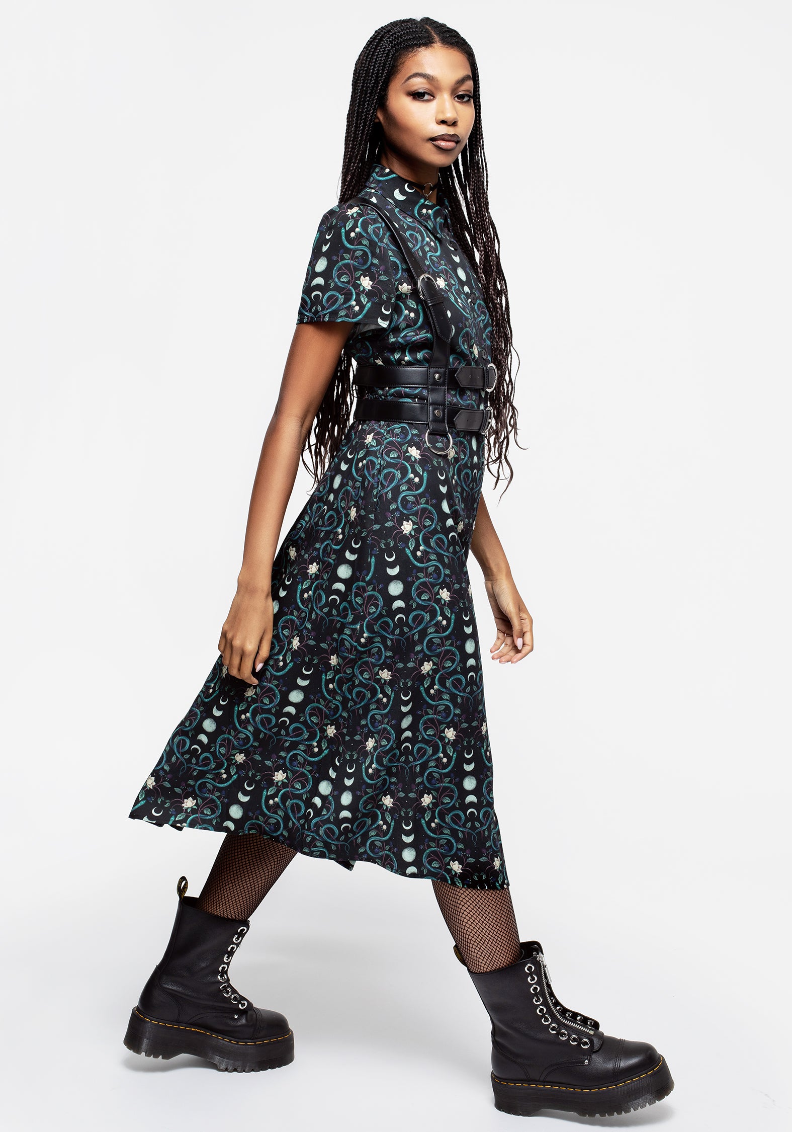 Snake & Moon Print Midi Shirt Dress | Pythia