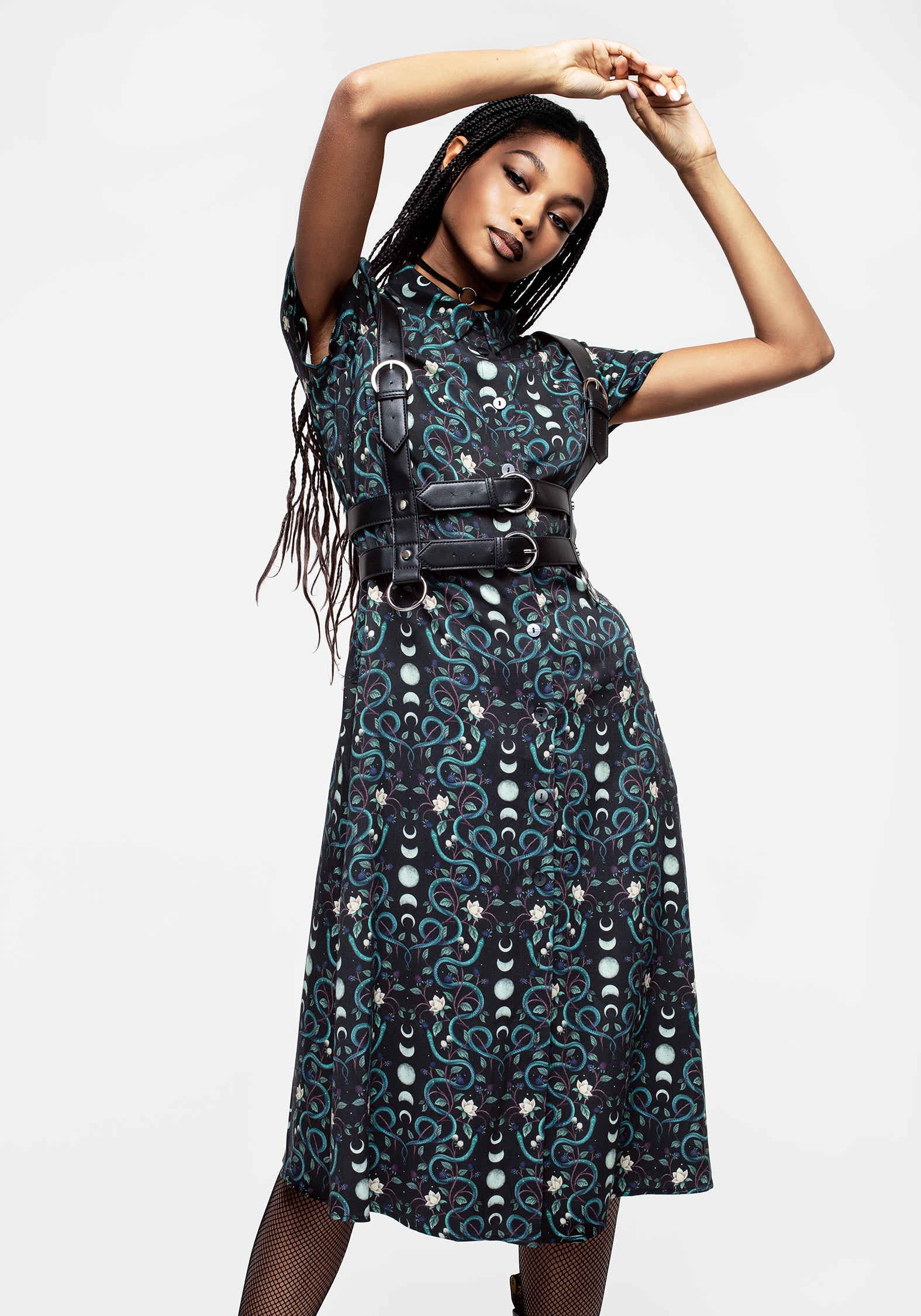 Snake & Moon Print Midi Shirt Dress | Pythia