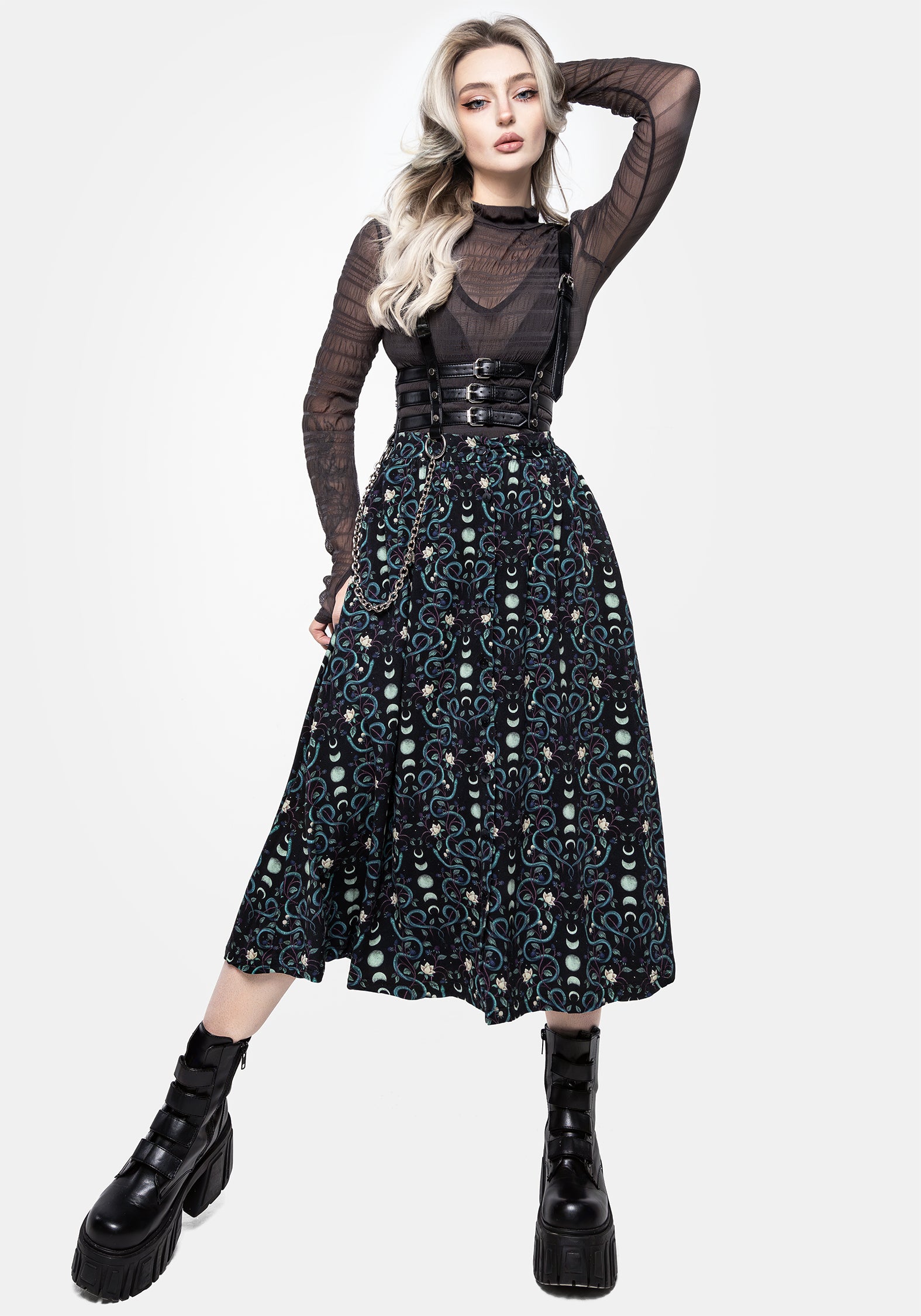 Snake & Moon Print Button-Up Midi Skirt | Pythia
